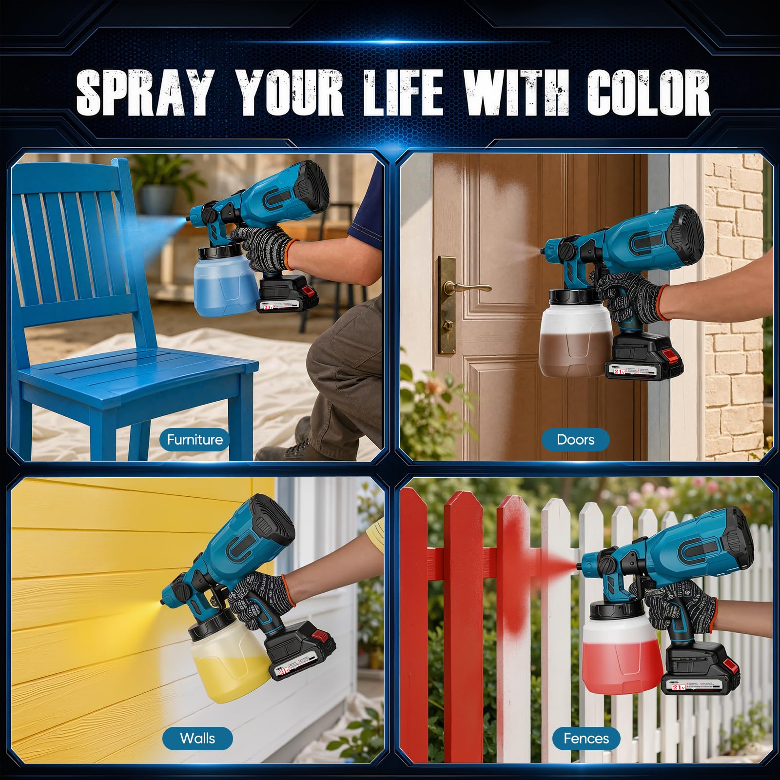 Akku Farbsprühsystem,Sprühpistole Wandfarbe mit 21V, Akku Farbspritzpistole mit 5 Düse, Akku Spritzpistole mit 2 x 3000mAh, Wände, Decken, Hausanstrich und Außenbereich (Blue)