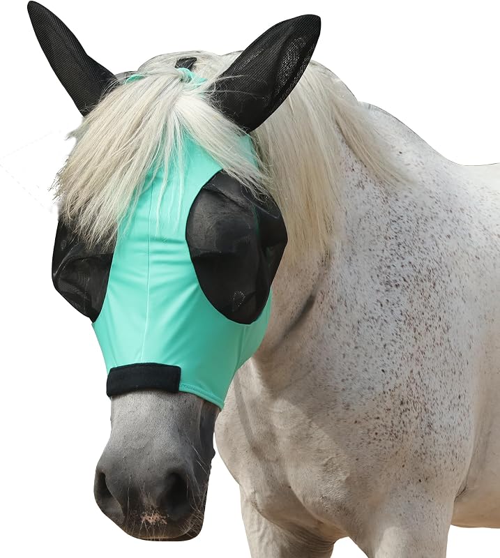 Máscara contra moscas para cavalos com orelhas, tecido elástico e ampla área dos olhos Gallopoff – Verde, Pony Grande