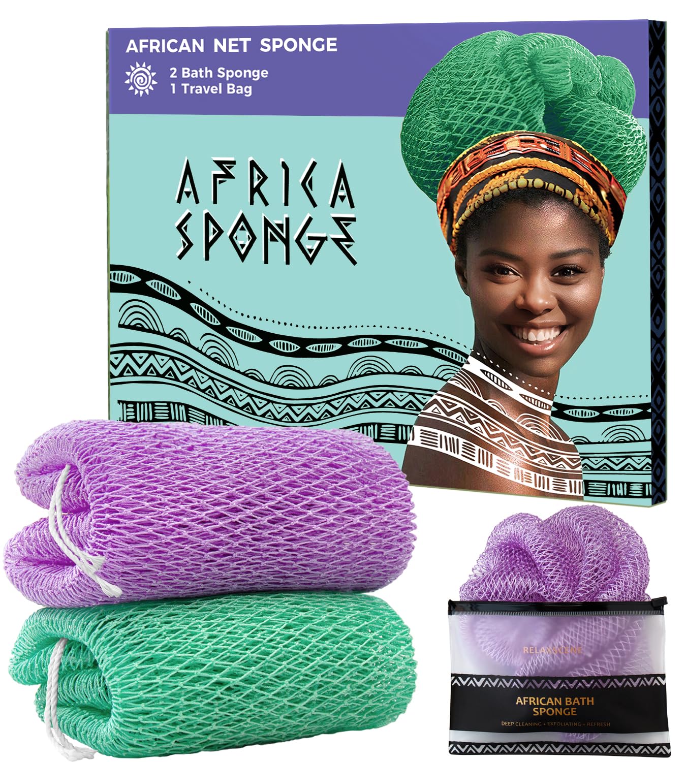 Back Scrubber for Body - 2 Pieces Authentic African Net Sponge with Knots - Exfoliating Washcloth for Afro Scrubber Seawave & Lilac - Shower Exfoliator for Women Self Care Body Loofah Bath Essentials