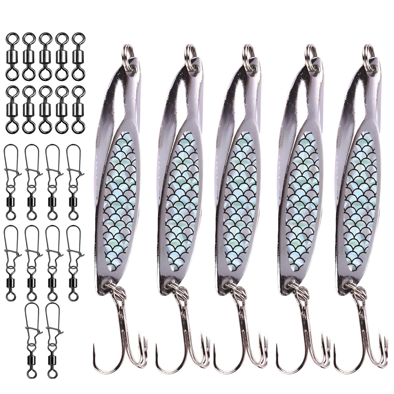 25-Piece Sea Fishing Lures and Fishing Spinners, Metal Spinner Set for Sea Bass Fishing UK, Professional Sea Water Fishing Lures with Enhanced Swivels and Snap Links