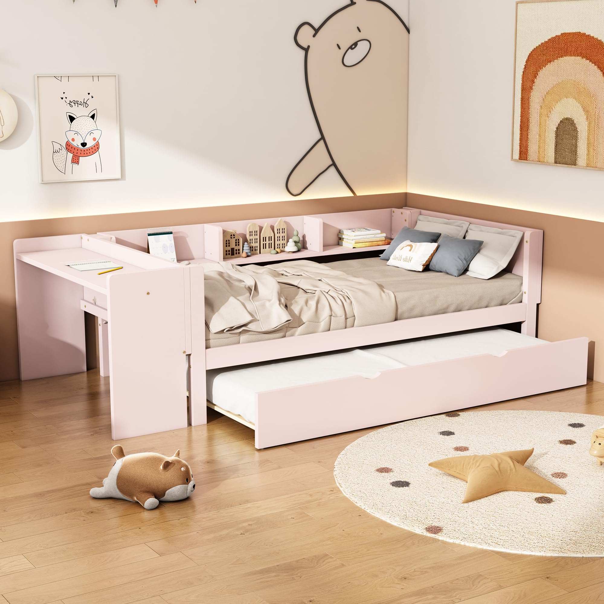 Kinderbett 90x200 mit Schreibtisch und Regalen, Schlafsofa Tagesbett Bettgestell mit Ausziehbares Rollbett, Sofabett Jugendbett mit Lattenrost, Bettsofa Gästebett Jugendbett, Rosa, Ohne Matratze