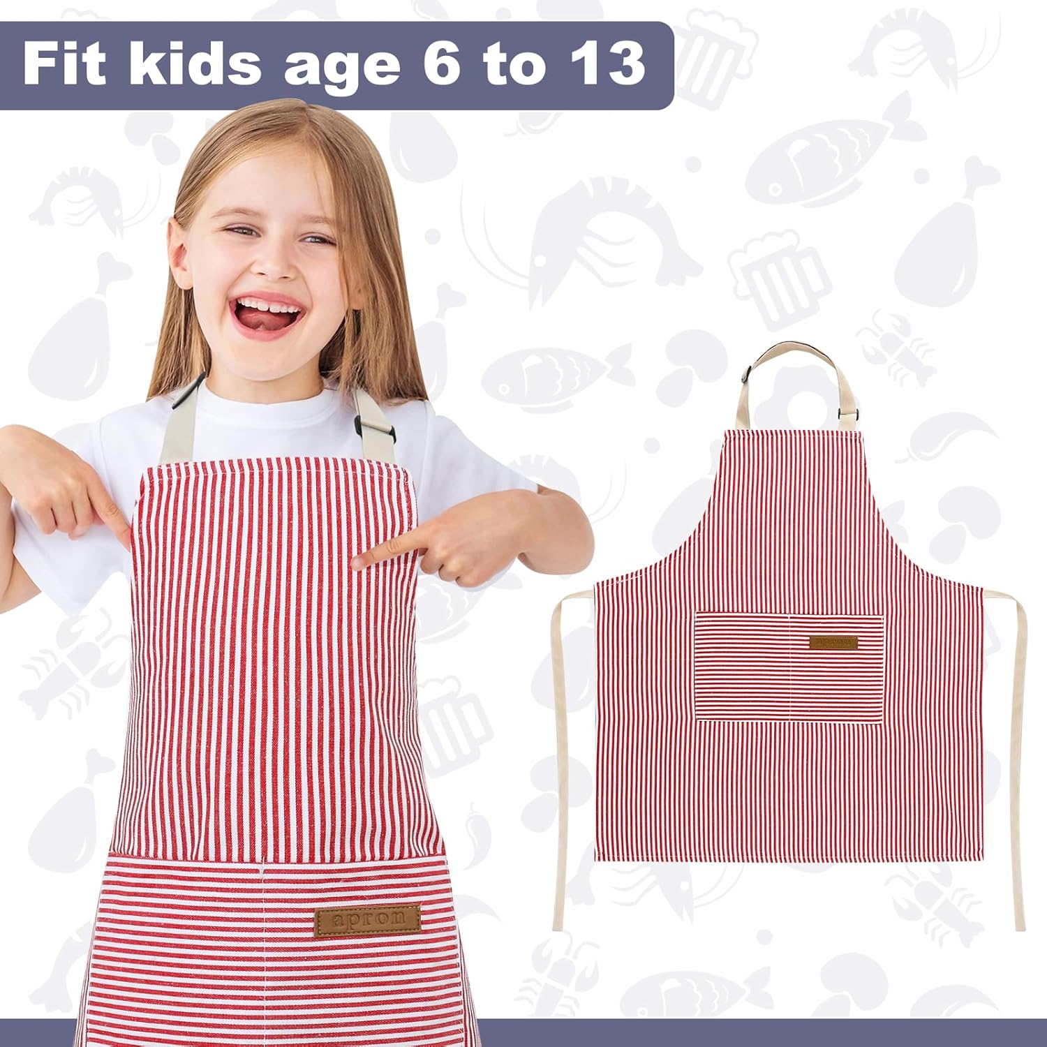 2 Pack Stripes Kids Apron, Kids Cooking Aprons with 2 Pockets, Cute Aprons for Cooking for Boys and Girls - Image 4