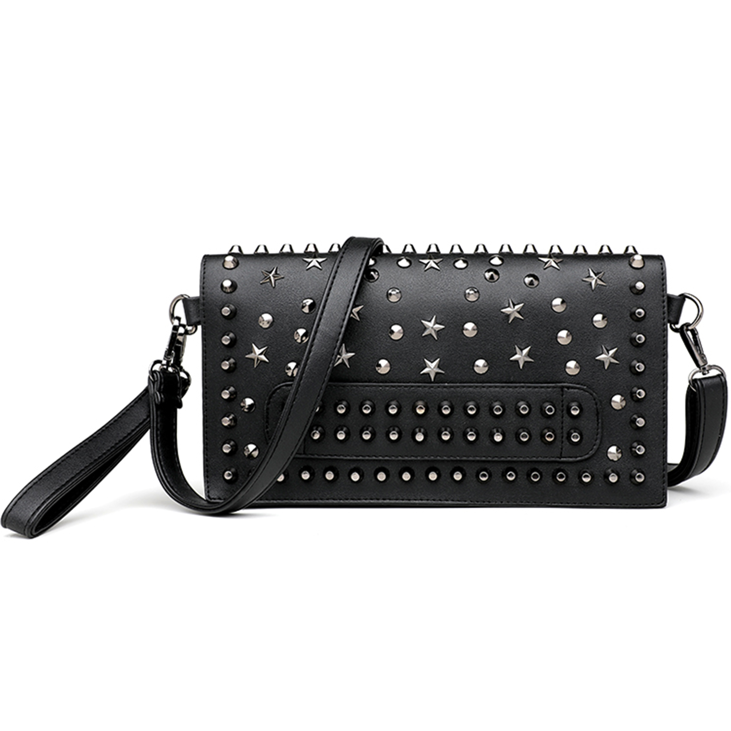KUANG! Black Punk Style Shoulder Bag - PU Leather With Skull & Studs, 9.84x6.29x3.54 Inches, Adjustable Strap