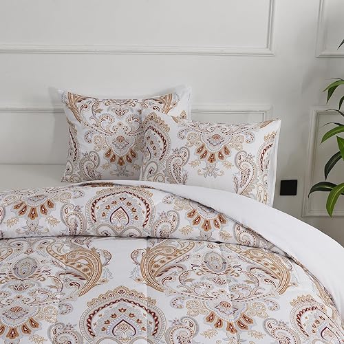 Miniatura 4 de HYPREST Edredón con estampado de cachemira, 3 piezas, edredón de granja, ultra suave, blanco y marrón, juego de edredón bohemio