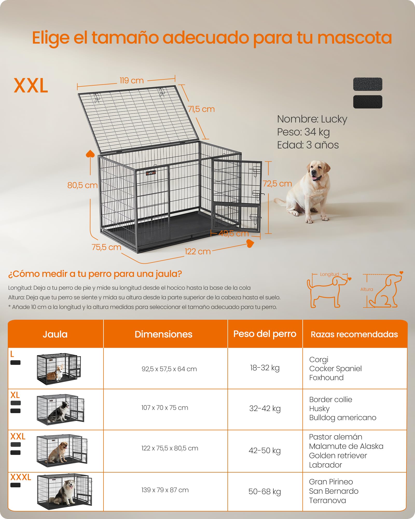 Feandrea Jaula Pesada para Perros, Jaula de Mascotas, 122 x 75,5 x 80,5 cm, para Perros Medios y Grandes, Antiescape, Doble Puerta Extraíble, Parque, XXL, Gris PPD003G01
