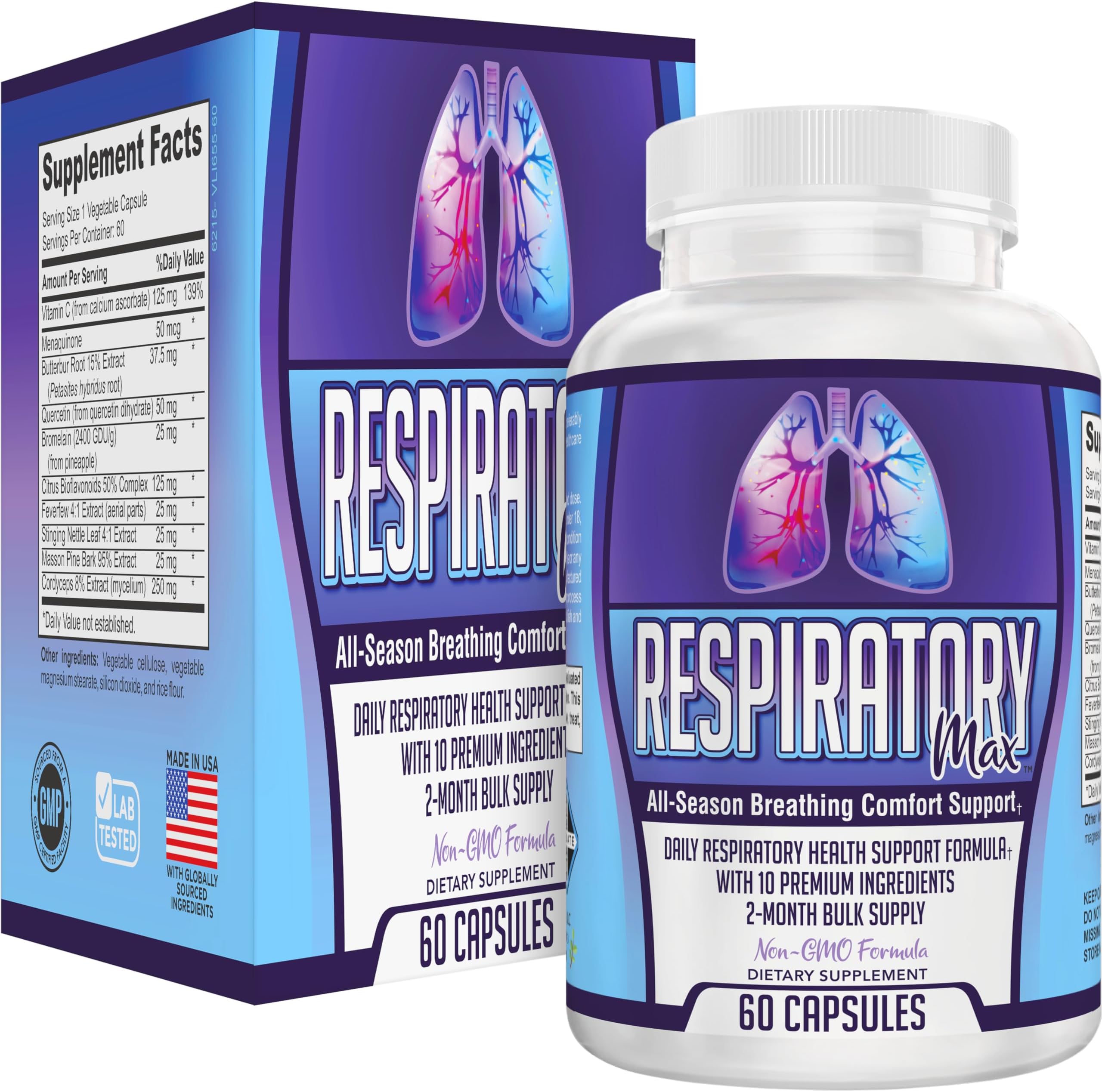Respiratory-Max (2-Month) Lung & Respiratory Support Supplements | 10-in-1 Formula | Respiratory Health Supplement Complex | 60-Day Bulk Supply | 60 Capsules