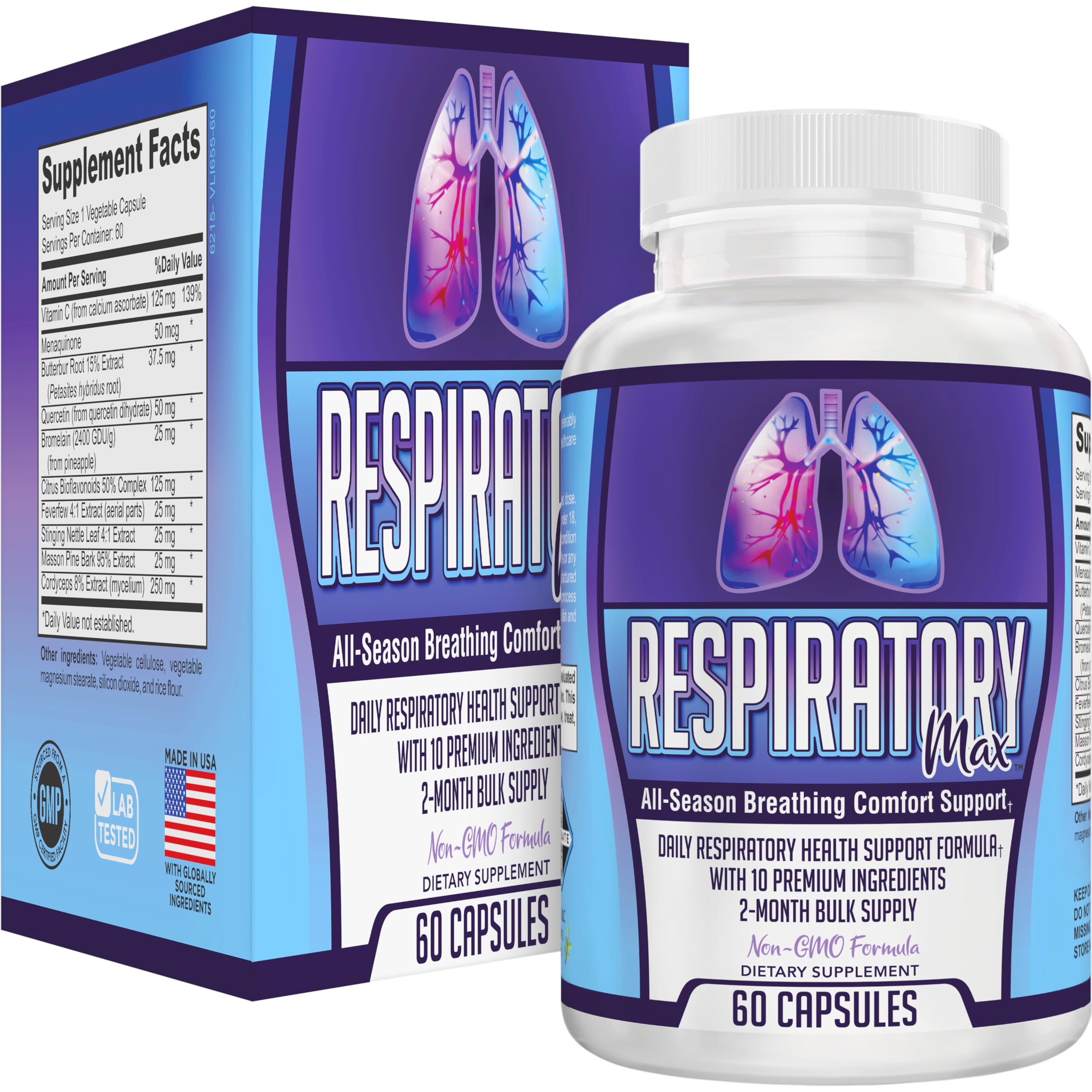 RespiratoryMAX (2-Month) Lung & Respiratory Support Supplement | 10-Ingredient Formula for All-Season Breathing Comfort | Respiratory Health Supplements | 60-Day Bulk Supply | 60 Capsules