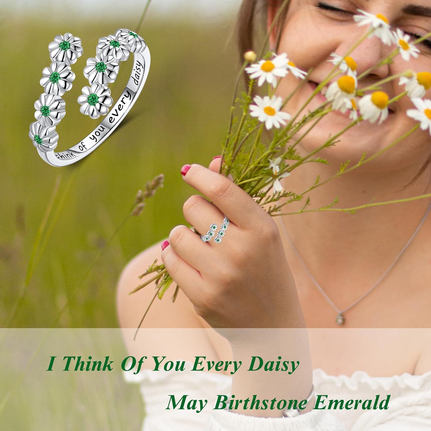 LYTTMAB Birthstone Ring Daisy Ring Sunflower Ring For Women, Sterling S925 Silver Birth Flower Ring, I Think Of You Every Daisy Ring, Sunshine Ring Spoon Ring, Open Ring, Adjustable Ring - Image 4