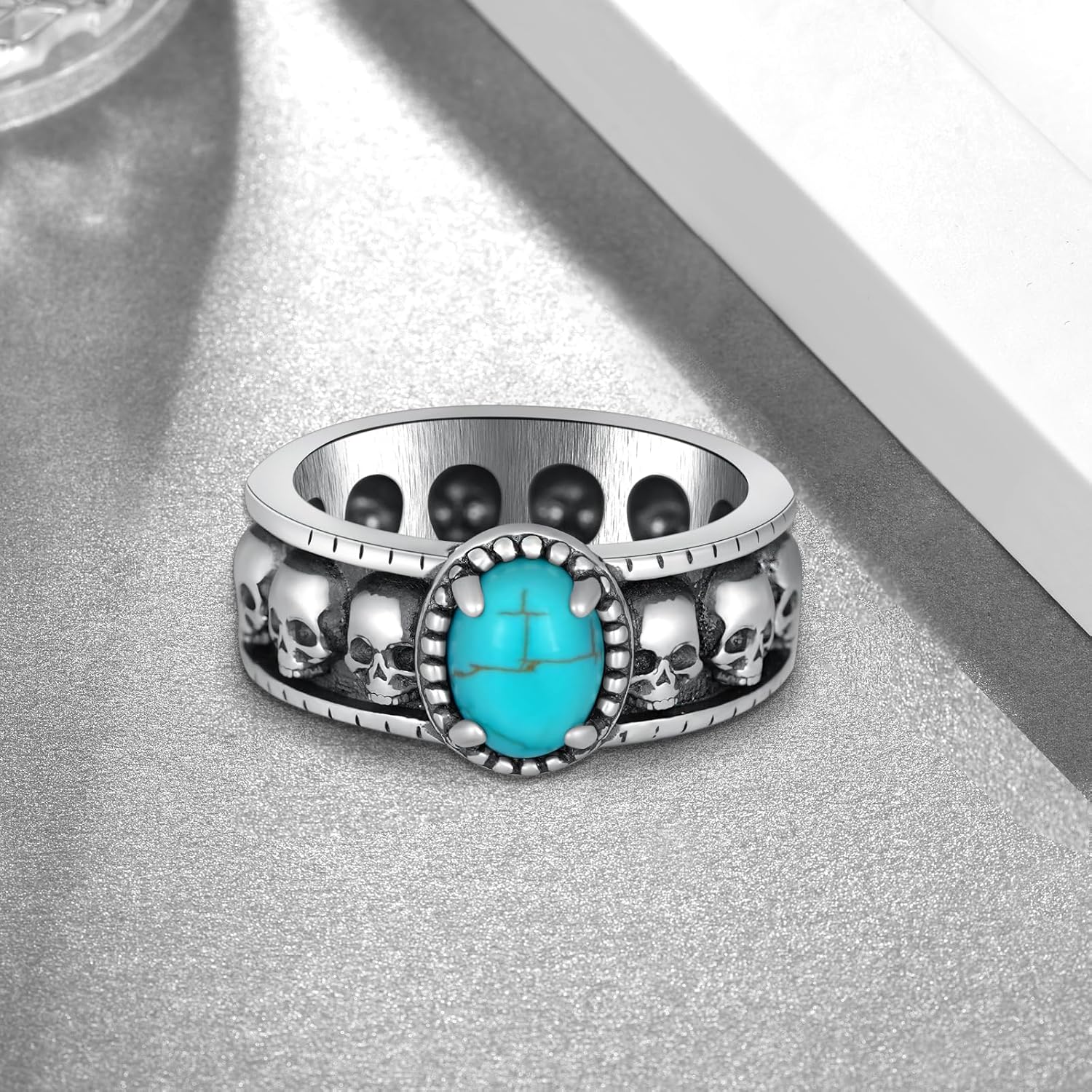 Genuine Turquoise Ring for Men 925 Sterling Silver Skull Ring Vintage Halloween Western Nature Gemstone Turquoise Jewelry for Men - Image 2
