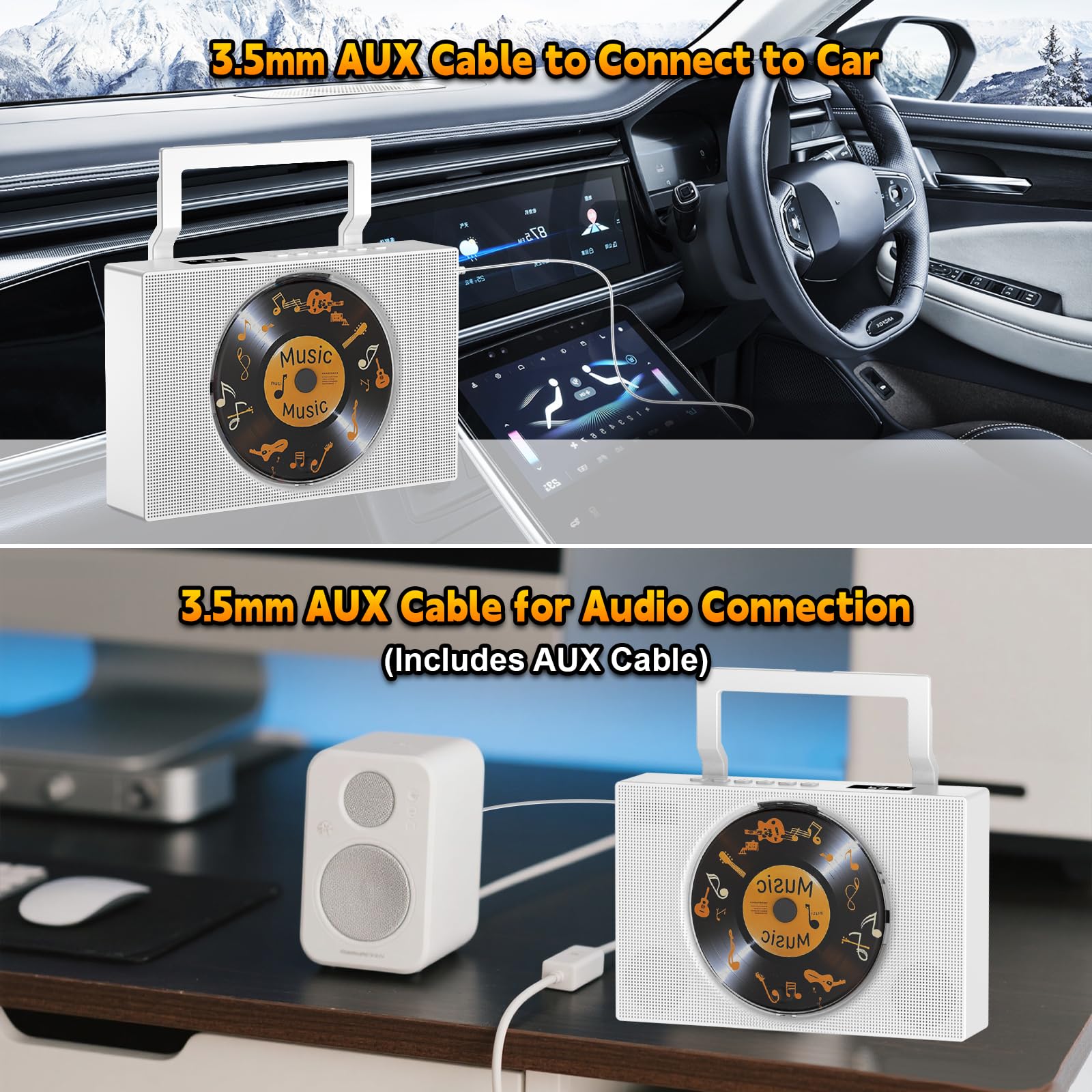 Lecteur CD Bluetooth Radio FM avec Poignée Haut-parleurs Télécommande AUX 3,5 mm Prise Casque USB Type-C Lecteur MP3