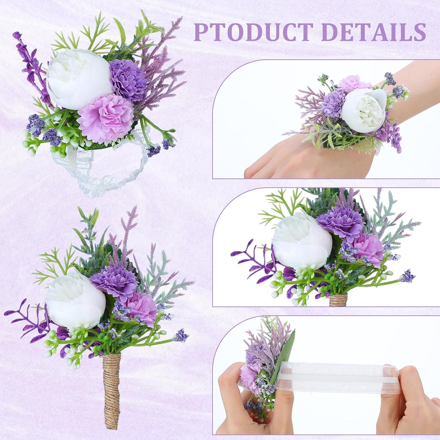 12 Pcs Wedding Corsage and Boutonniere Set Artificial Rose Wedding Corsage Wristband with Pins for Prom Men Bride Party Accessories Groom Groomsmen Bridesmaids Women (Bright,Purple)