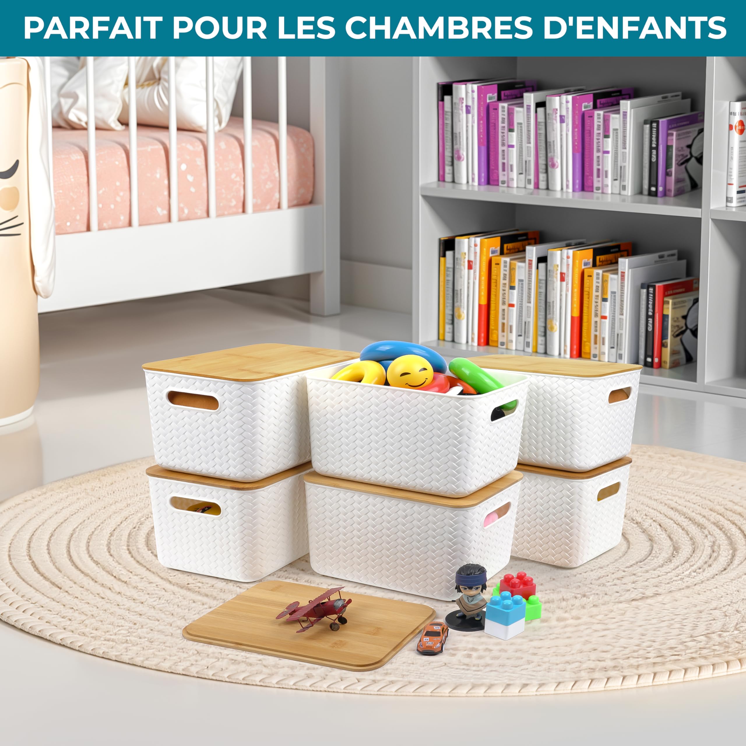 Winter Shore Large Storage Basket with Bamboo Lid (Set of 4) | Strong Stackable Plastic Storage Boxes for Bathroom, Kitchen, Toys & Office