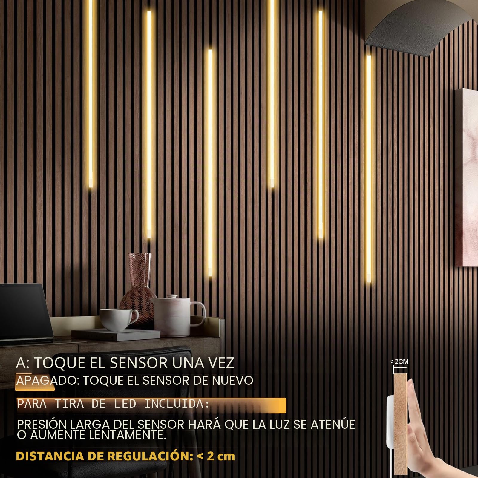 WMLBK LED para paneles acústicos, tira de LED regulable de 6 x 90 cm, blanco cálido, tira LED con sensor táctil, 12 x 12 mm, accesorios integrados, paneles acústicos