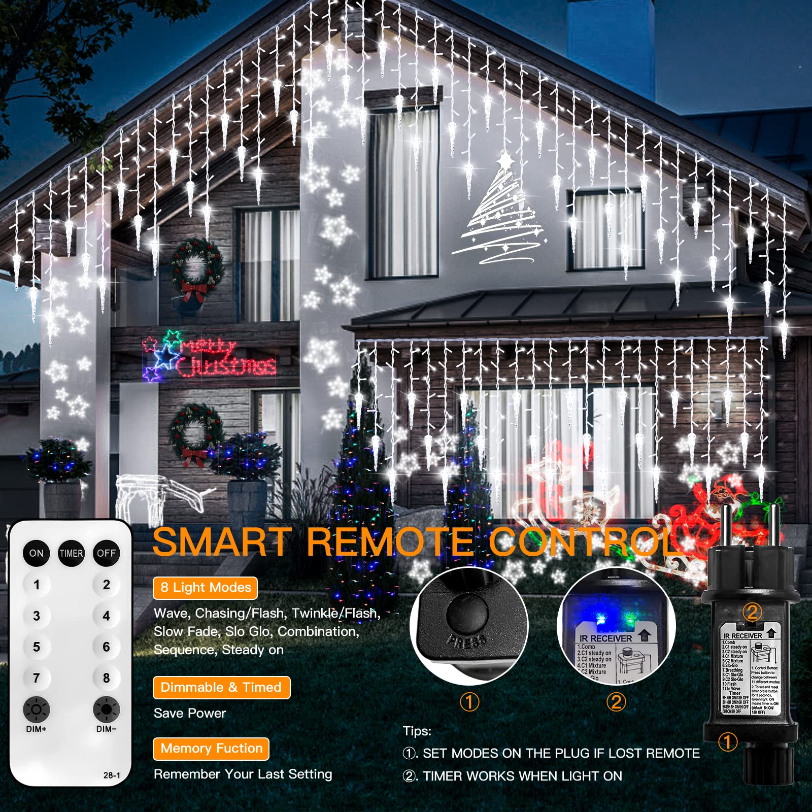 Decorazione Natalizia All'Aperto 10M 360 LED 8 Modalità Di Illuminazione Tenda Luminosa Esterna Waterproof Catena Luminosa Giardino per la Decorazione Esterni di Natale,Bianco Freddo