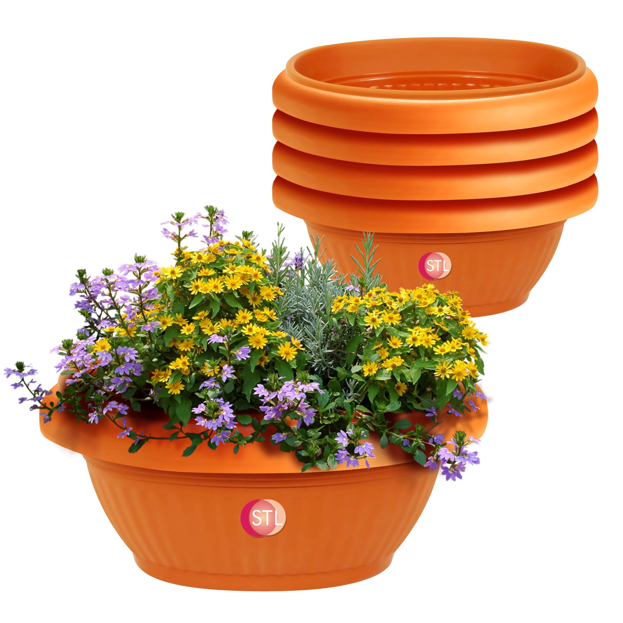 STL 4Pcs Terracotta Plant Pots, Oval Shape Lightweight Plastic Plant Pots, Mini Terracotta Pots with Drainage Holes, Small Flower Pots for Succulent Cactus Plants, Flowers, Plants, Indoor/Outdoor Use