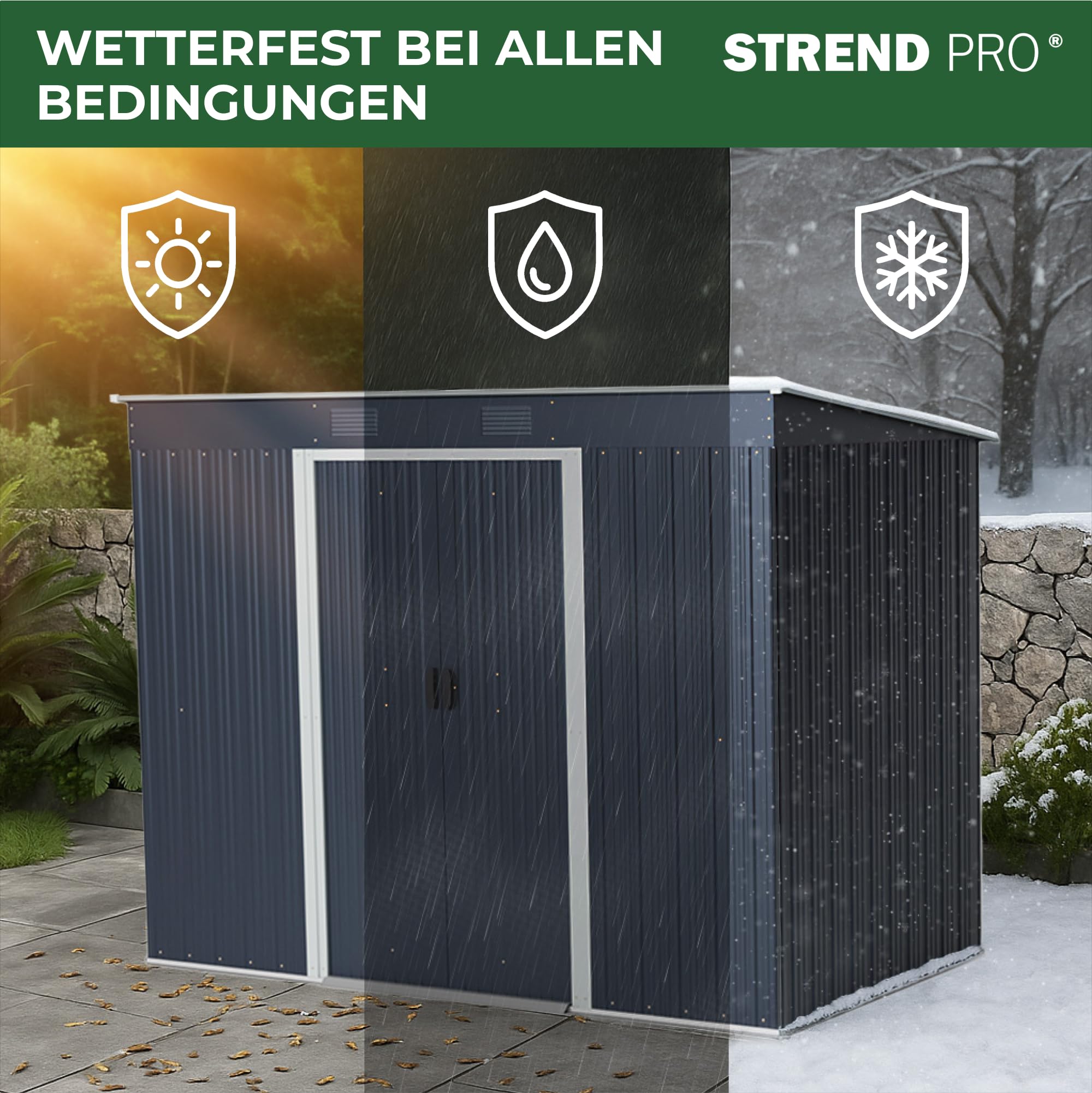 STREND PRO Metall Gartenhaus mit Unterbau, Anthrazit, 205 x 96 x 174 cm | Solide & Langlebig | Geräteschuppen mit 2 Schiebetüren | Garten gerätehause | Gartenlaube | Blechhütte | Fahrradgarage