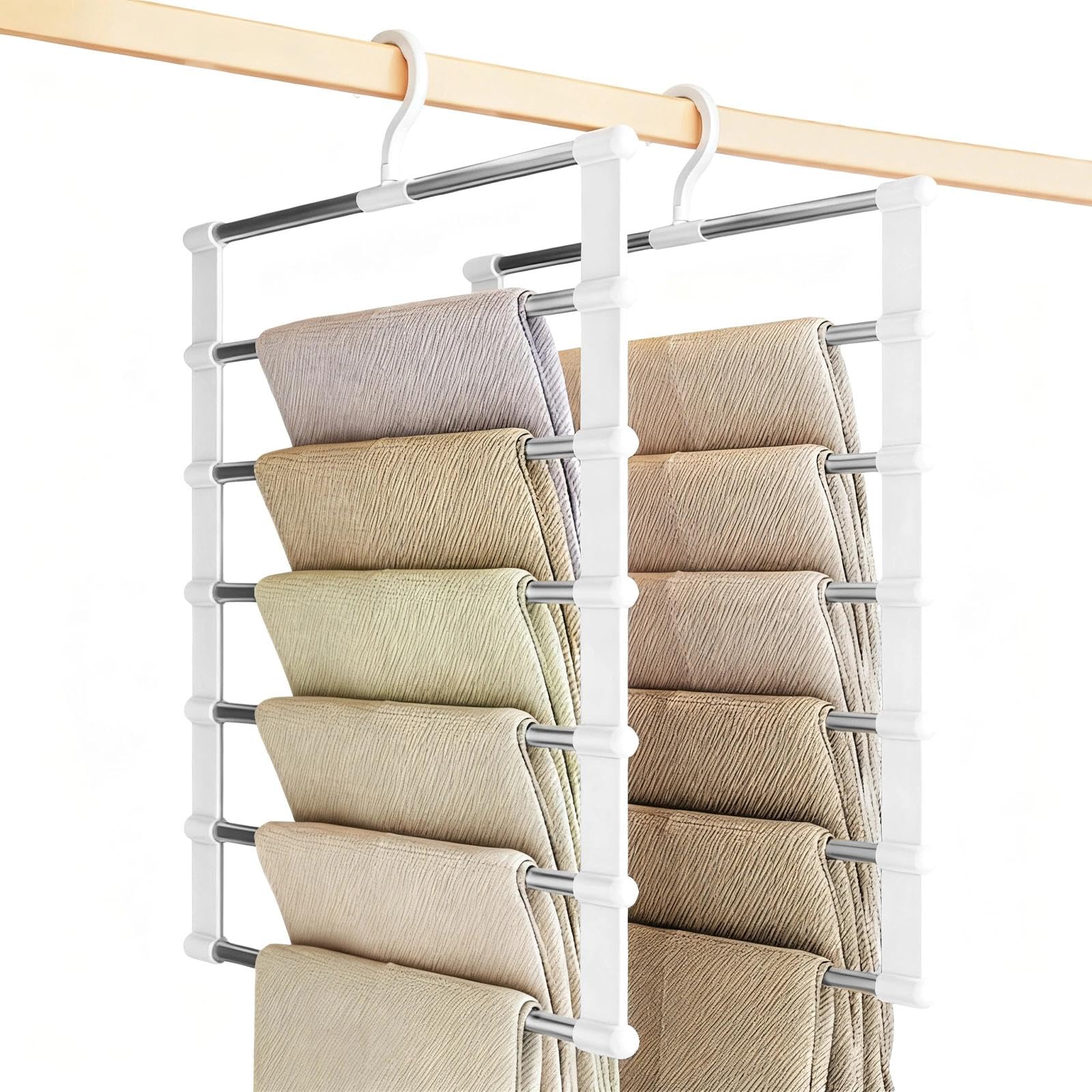 Haoqiaga White Trouser Hangers Space Saving For Wardrobe, 2 Pcs Smart Non-Slip Multifunctional Closet Organizer For Trousers Jeans Skirts Scarves Towels