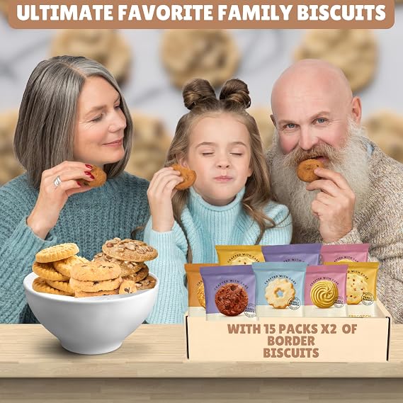 Mixed Biscuits Gift Set Hamper with Border Biscuits Contains 15 Packs of Two Biscuits (30 Single Biscuits) Luxury Individually Wrapped Biscuits Hamper. Biscuit Gift Box With 30 Biscuits