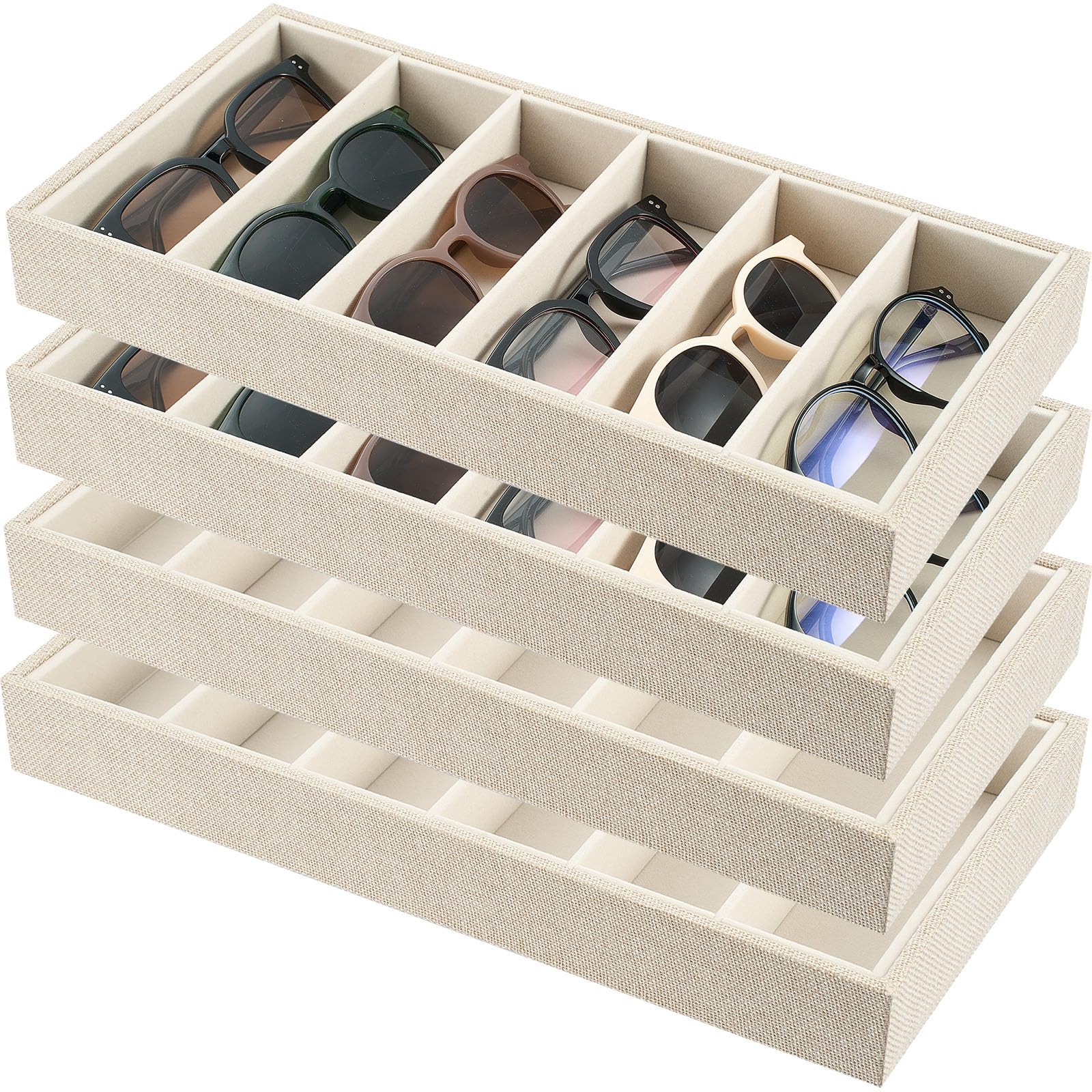 Juexica 4 Pcs Velvet Sunglasses Organizer Tray 6 Grid Sunglass Organizer Velvet Tray Stackable Glasses Display Case for Women Glasses Jewelry Display Watch (Linen)-picture-11