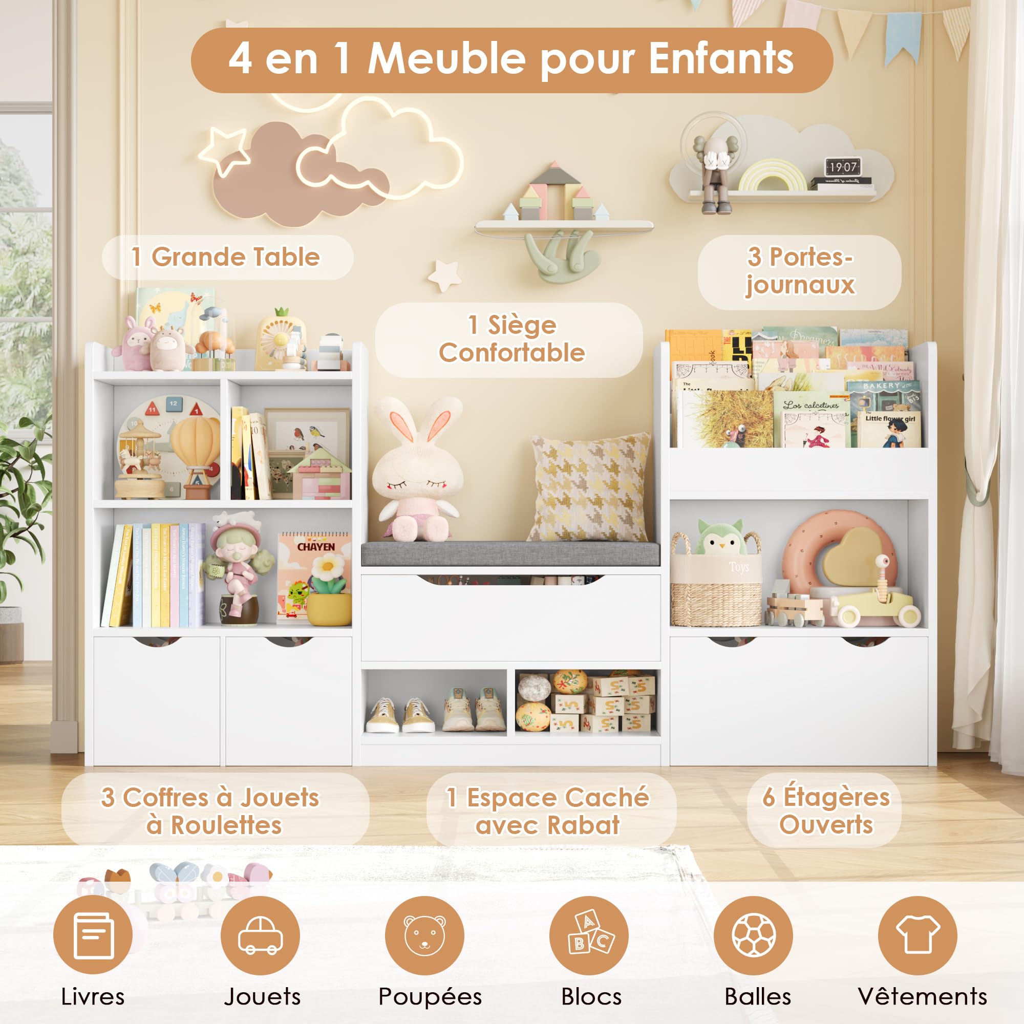 FOREHILL Meuble Rangement Enfant 183.5cm Bibliothèque Enfant avec Banc 11 Étagères 3 Tiroirs Roulants Rangement Jouet pour Chambre d’Enfants Salle de Jeu 183.5x29.8 x94.5 cm