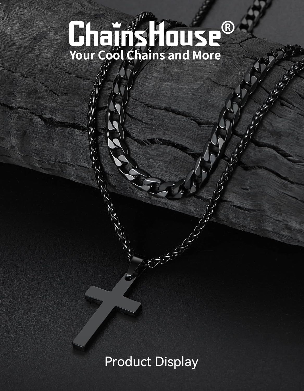 ChainsHouse Layered Cross Necklace for Men, Stainless Steel/Black/Gold Plated Cuban/Barbed Wire Necklace with Cross/Crucifix Pendant Religious Jewelry Gift Set for Dad, Husband - Image 3