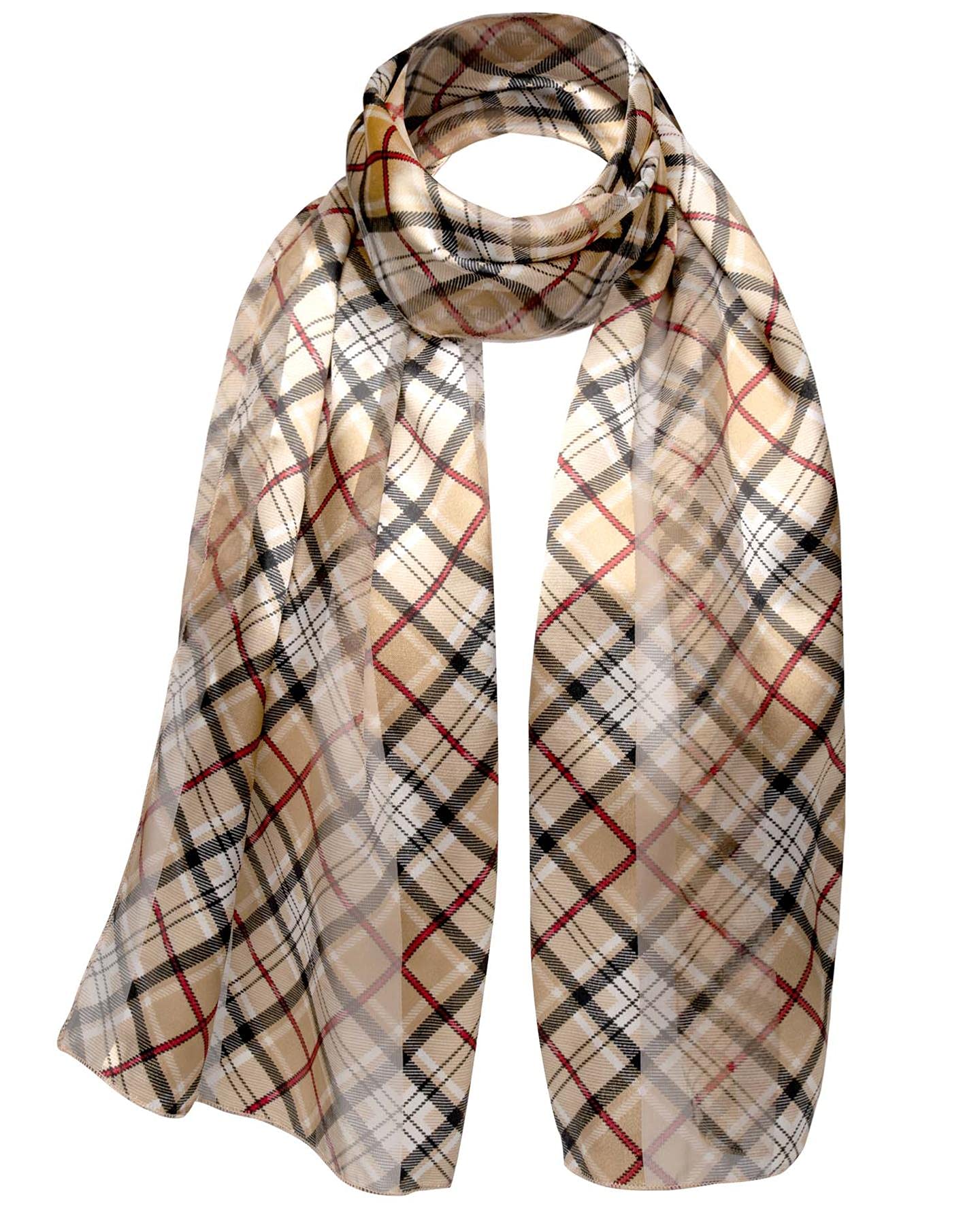 Basic Sense Women's Beige Scottish Tartan Satin Striped Scarf,