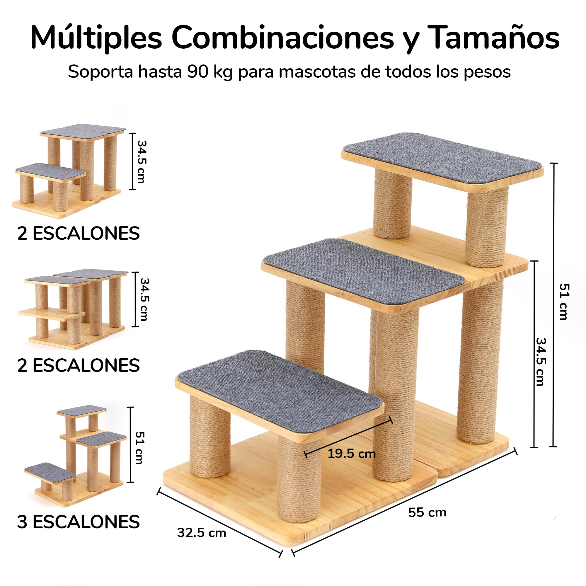 FUKUMARU Escalera para Perros, 3 peldaños para Mascotas de Madera de Pino y Yute, Altura Ajustable de 18 a 51 cm, soporta hasta 90 kg, 6 Combinaciones posibles para Subir a Camas y sofás, Gris.