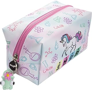 Fringoo® - Grande astuccio quadrato per matite, cancelleria, sacchetto con cerniere e pupazzetto morbido sulla chiusura Grande Unicorn Chemistry