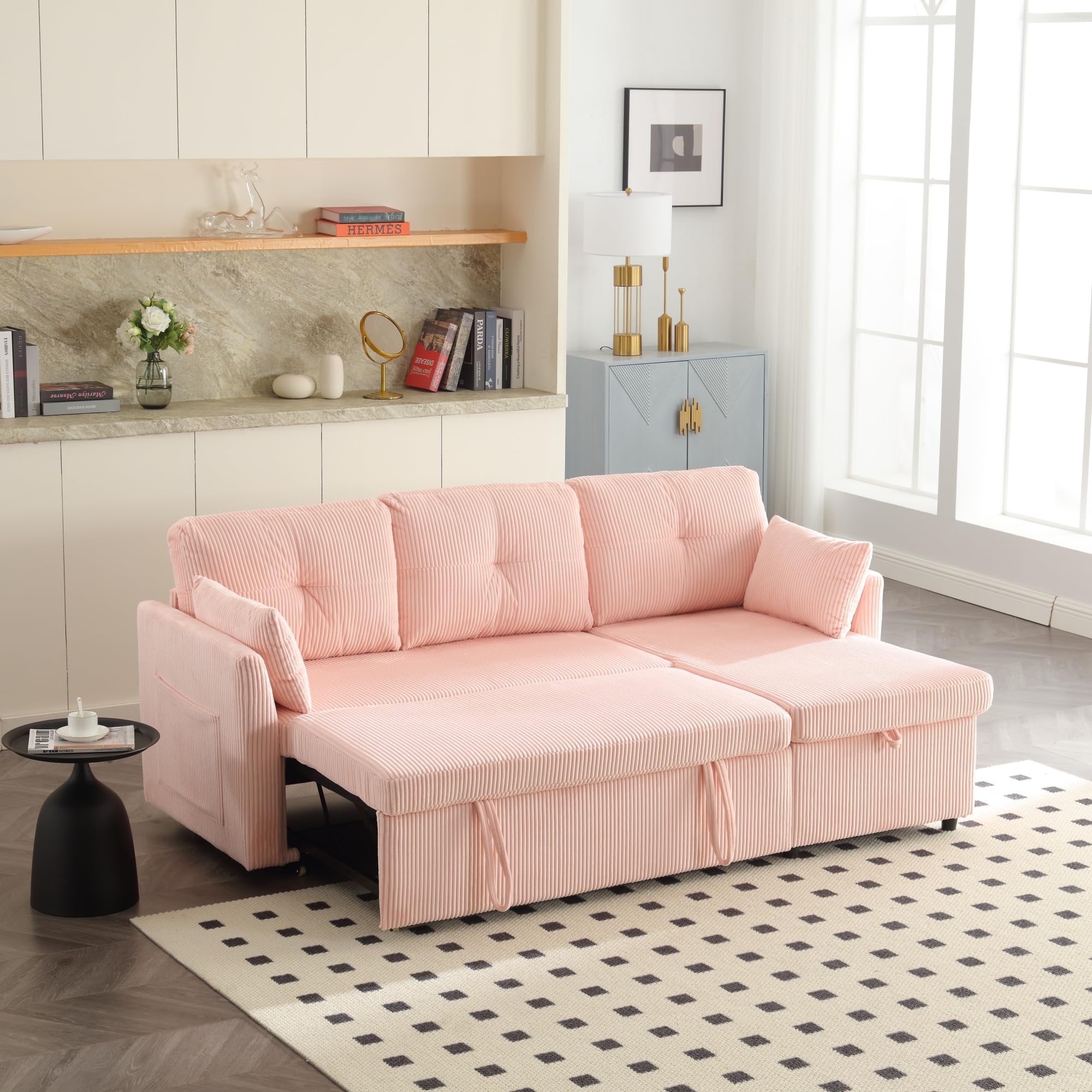 Divano Letto Componibile A L Con Penisola - Tessuto Ciniglia, Contenitore E Letto Estraibile, Beige - Foto 5