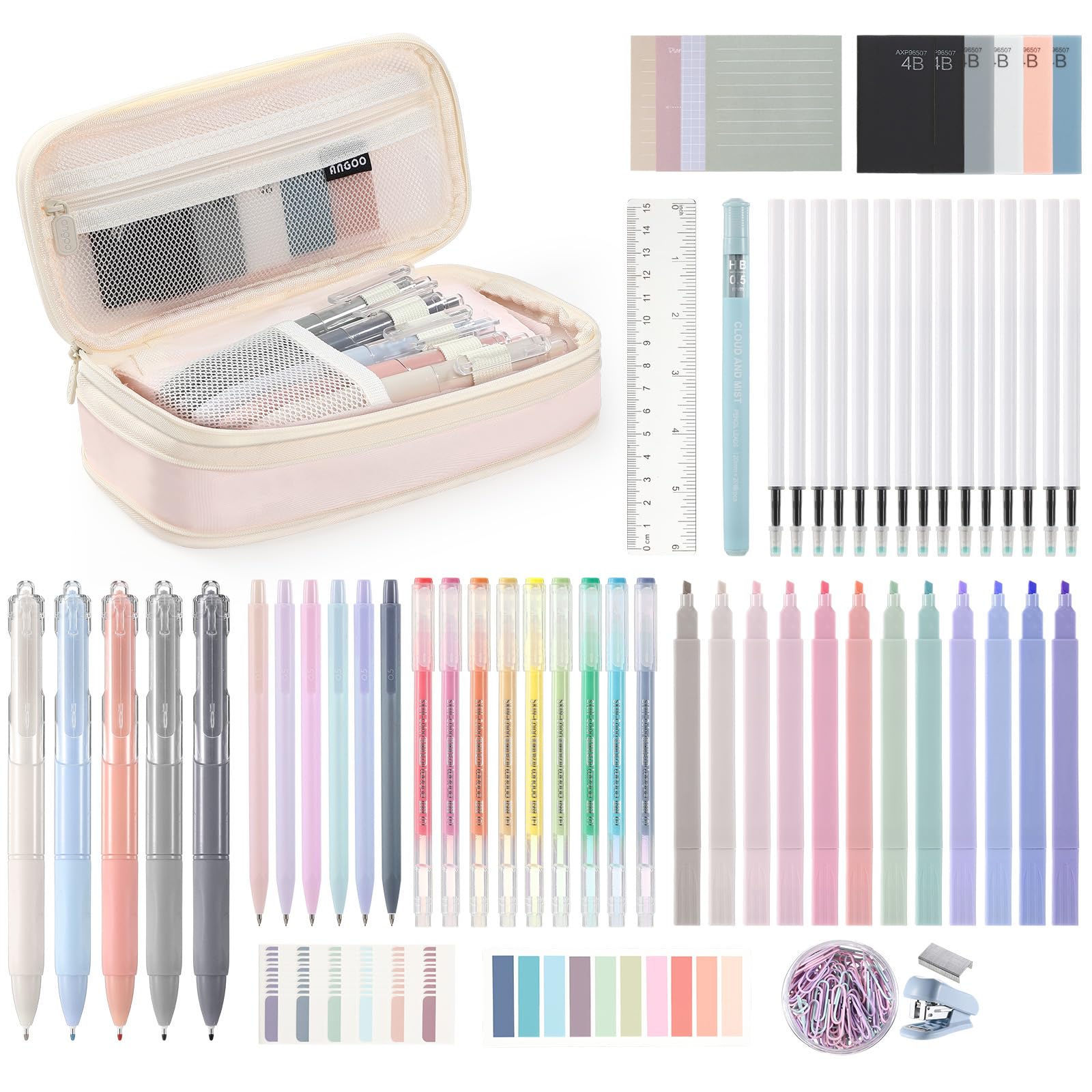 Eersida 74 Pcs Aesthetic School Supplies with Large Pencil Pouch 5 Ink Gel Pens 12 Highlighters 6 Mechanical Pencils 0.5mm 9 Color Pens 4 Note Pads