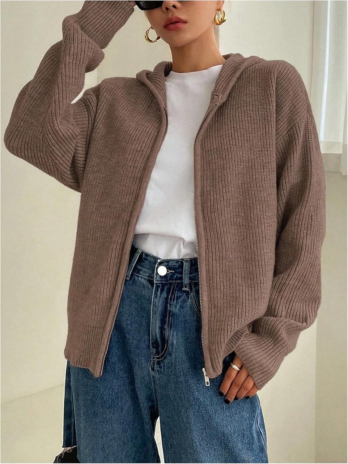 SOLY HUX Zip Up Cardigan for Women Hooded Cardigan Sweater Knitted Drop Shoulder Fall Clothes Winter Hoodies Outerwear - Image 5