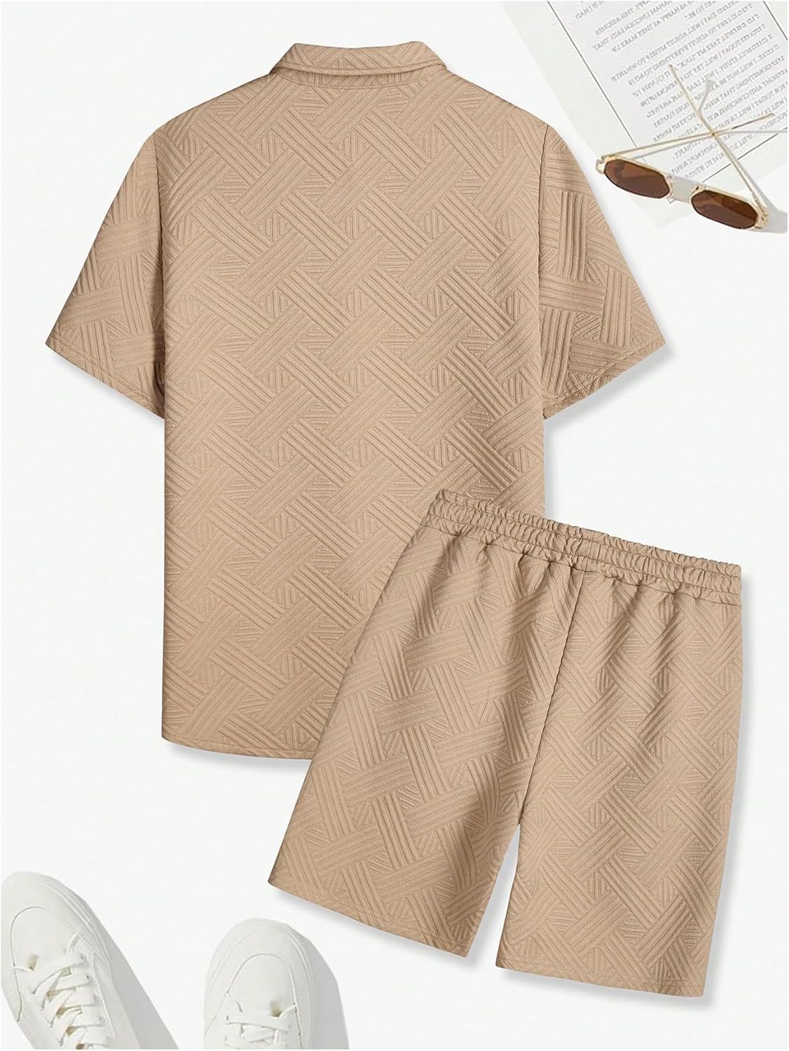 Men's 2 Piece Outfits Short Sleeve Button Up Shirts and Jacquard Shorts Vacation Summer Beach Outfits - Image 2