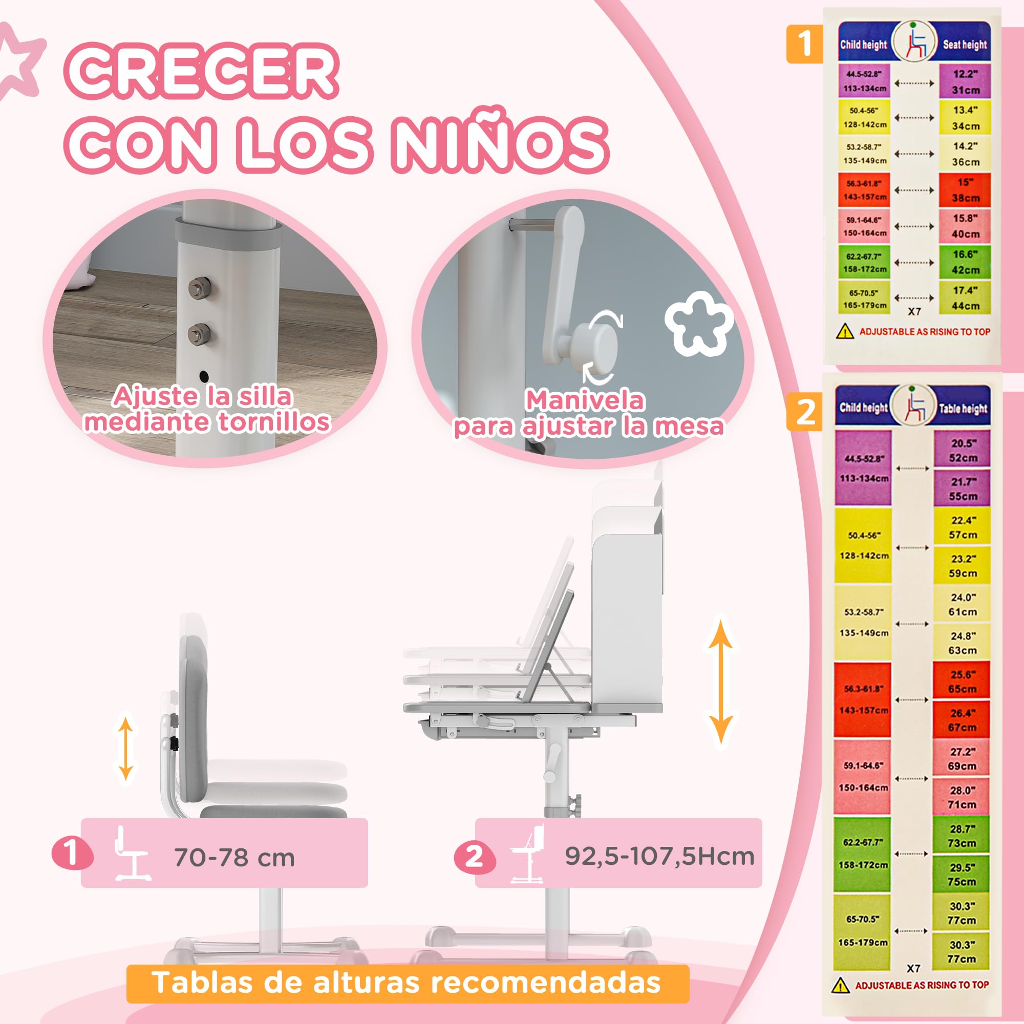 AIYAPLAY Juego de Escritorio y Silla para Niños de +3 Años, Pupitre Infantil Altura Ajustable con Tablero Inclinable, Cajón y Estantes, Respaldo Acolchado, para Libros, 80x55x107,5 cm, Gris