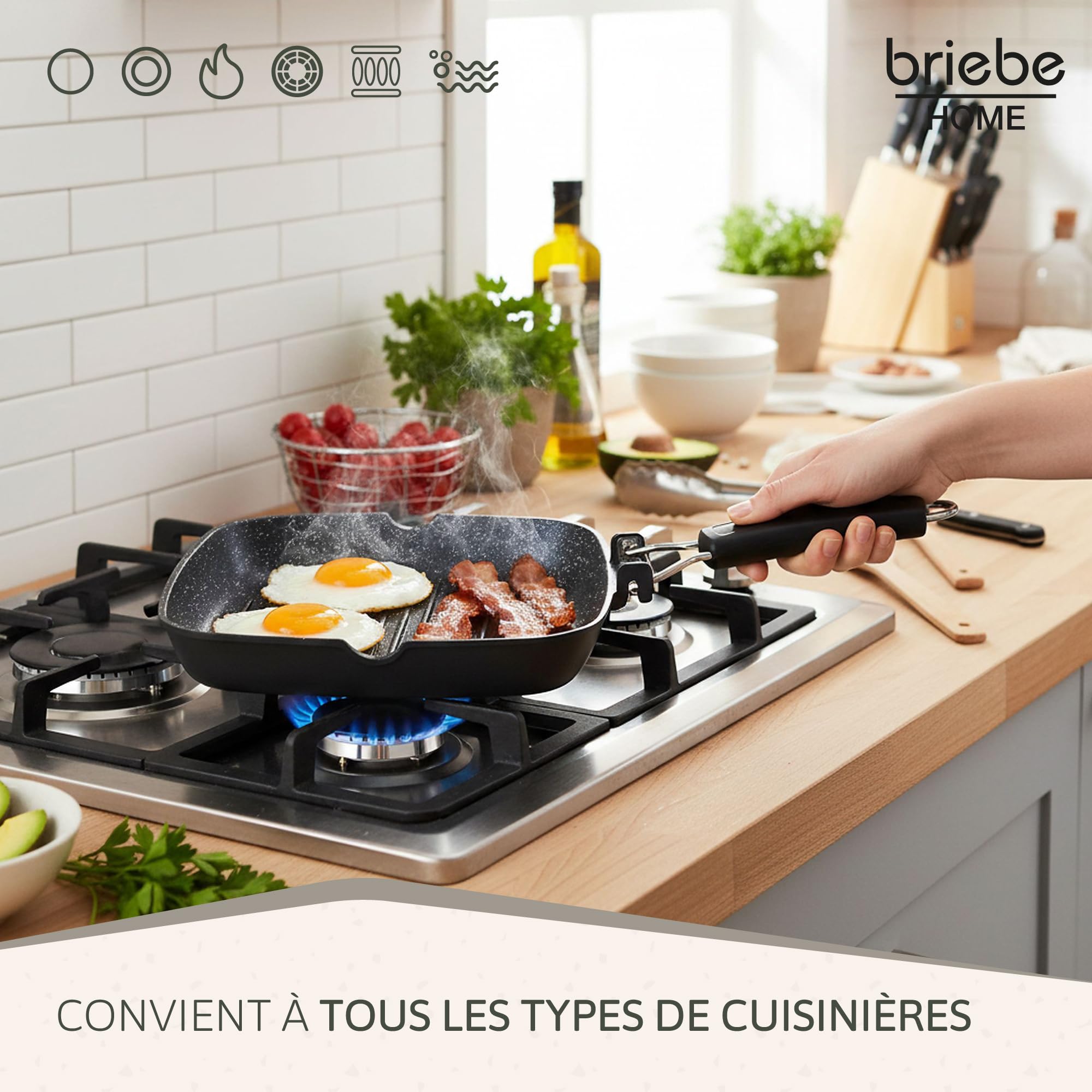 Briebe Black Titanium Grill à rayures, induction, antiadhésif titane, poêle à frire en fonte d'aluminium sans PFOA, manche pliable, vitrocéramique, gaz, 20 x 20 cm