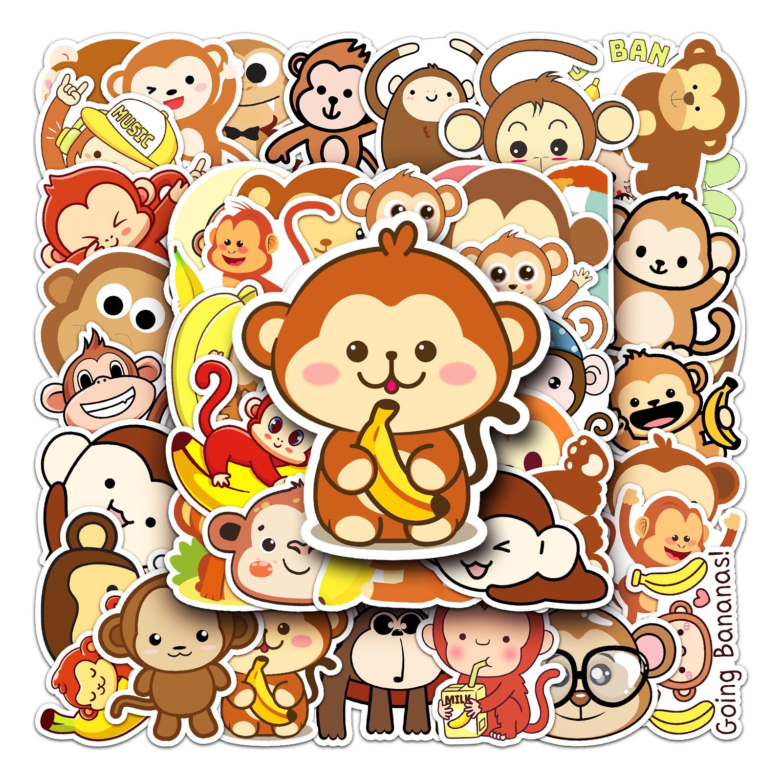 Auceko Girls Monkey 50Pcs Stickers - Vinyl Skateboard, Guitar, Car, Bike, Water Bottle & More - Birthday Party Supplies