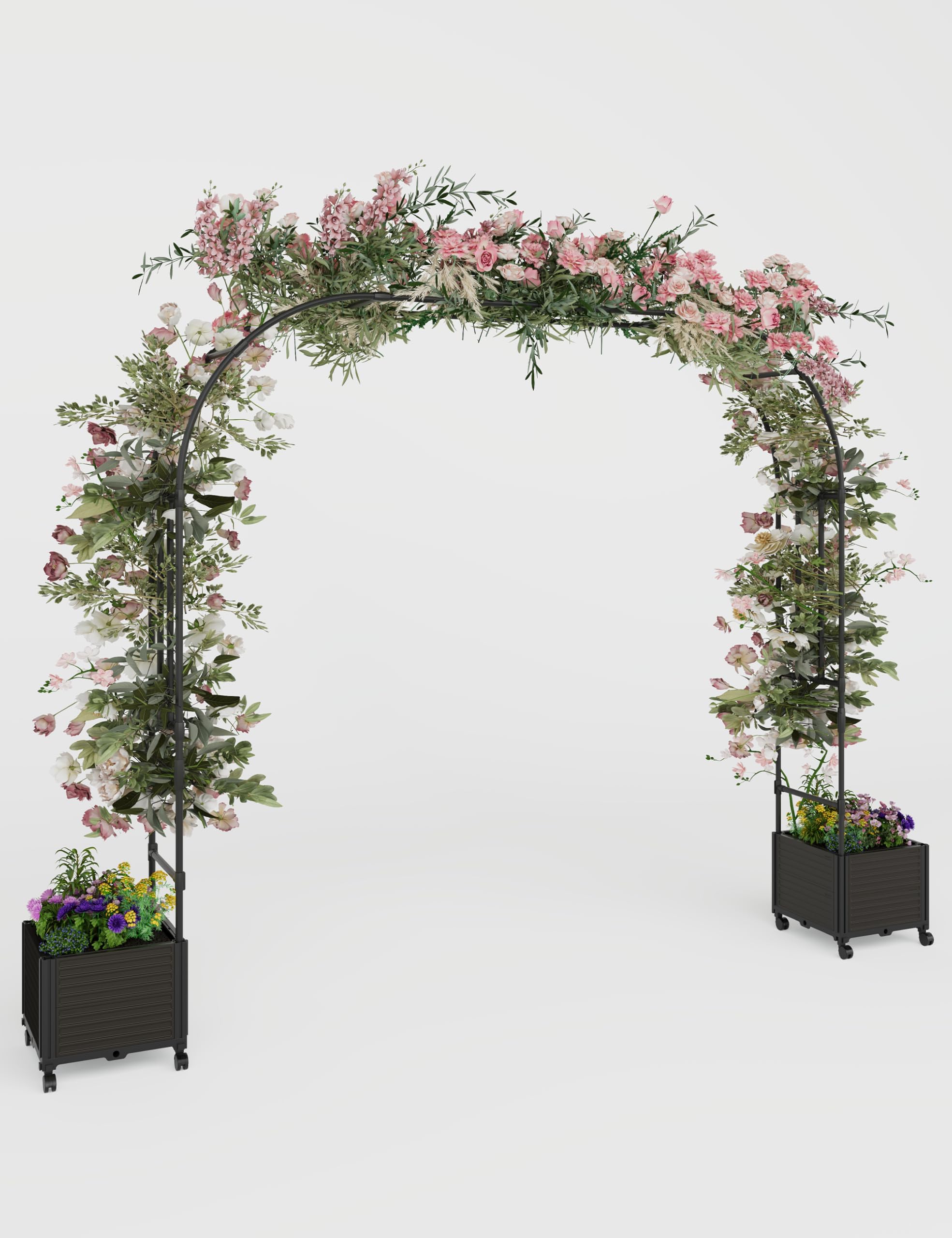 GarveeTech Garden Arch with Planters, Metal Trellis with Wheels & Self Watering