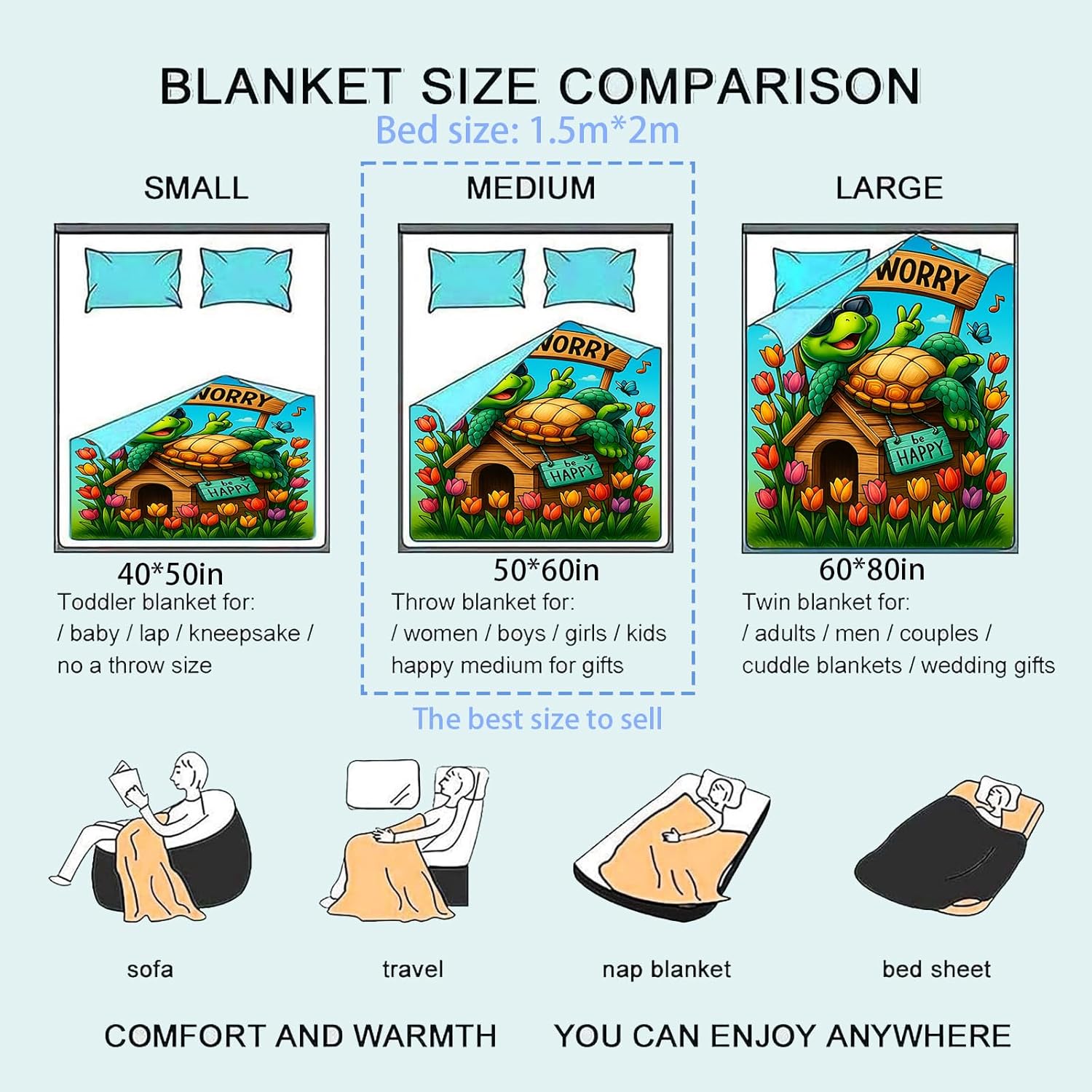 Happy Turtle Flannel Blanket with Tulip Garden Throw Blankets Lightweight Soft for Party Bed Sofa Camping Travel, Home Farm Decor Colorful Floral Gifts Women Girls Kids, 50x60in