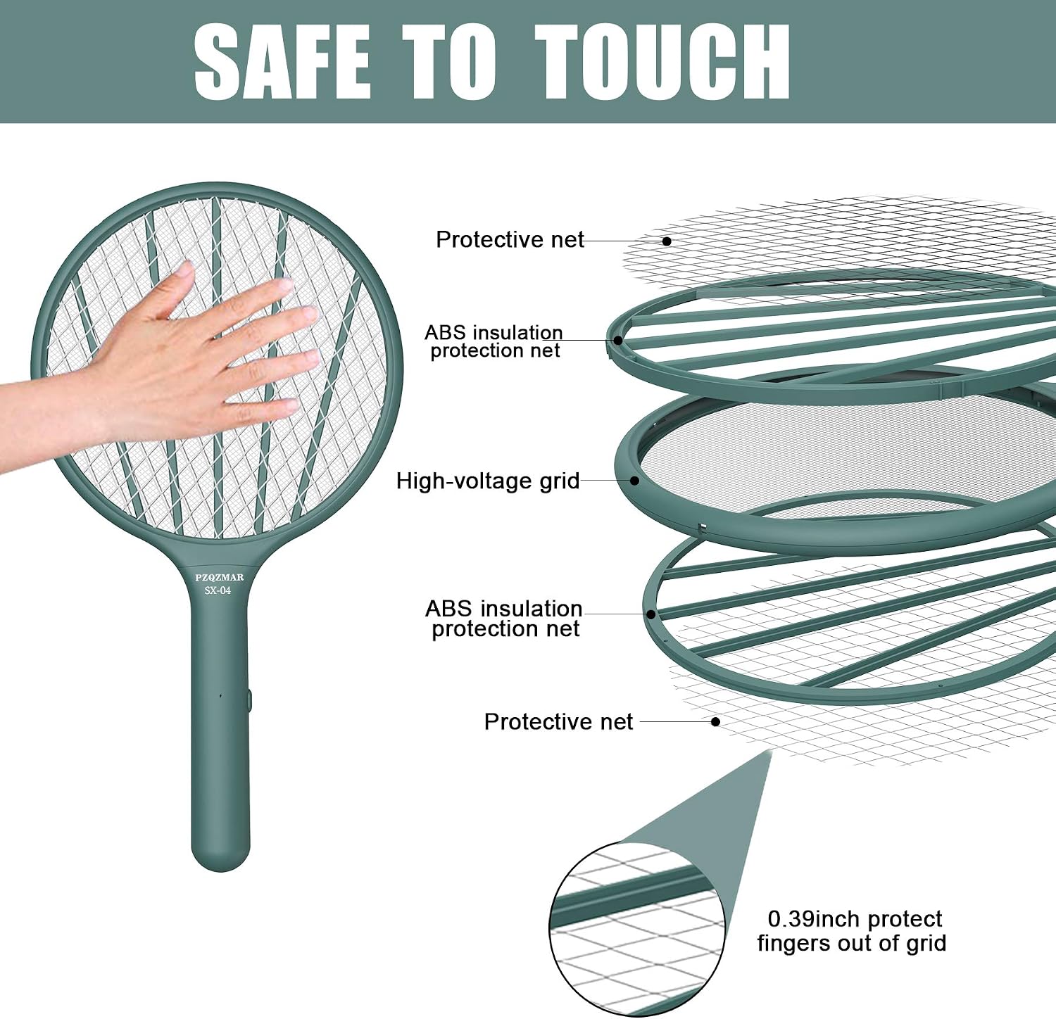 Electric Fly Swatter Bug Zappers, Powerful 3000 Volt Mosquito Swatter Killer Racket, with Touchable 3-Layer Safety Mesh, Kills Insects Indoor Outdoor (Green Blue)
