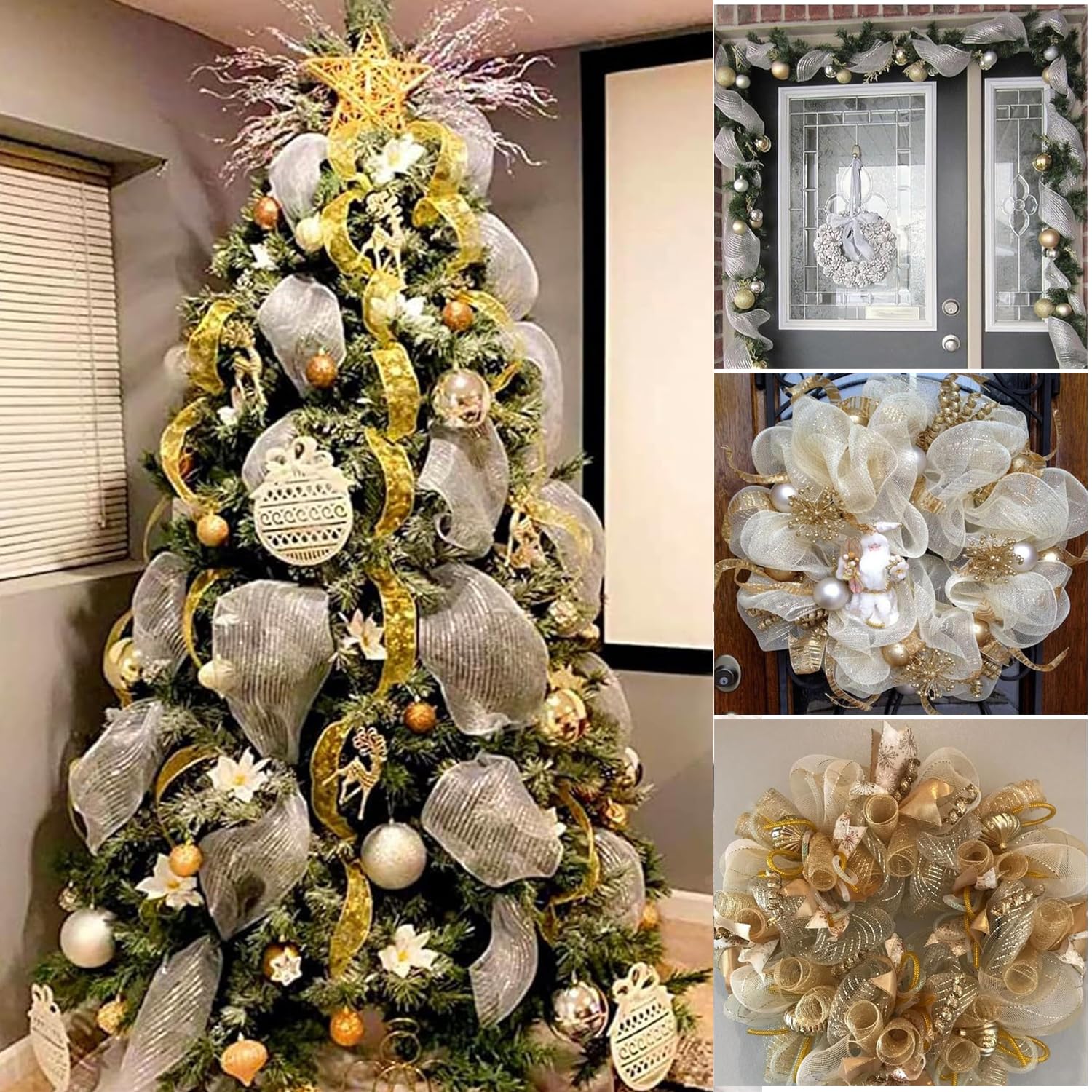 Guirnalda Decorativa Navideña, Guirnalda para Árbol De Navidad, Cinta De Malla De Lámina Dorada, Decoración De Jardín con Barandilla para Fiesta De Bodas De Pascua, 26 Cm X 9,14 M (Lámina Blanca)