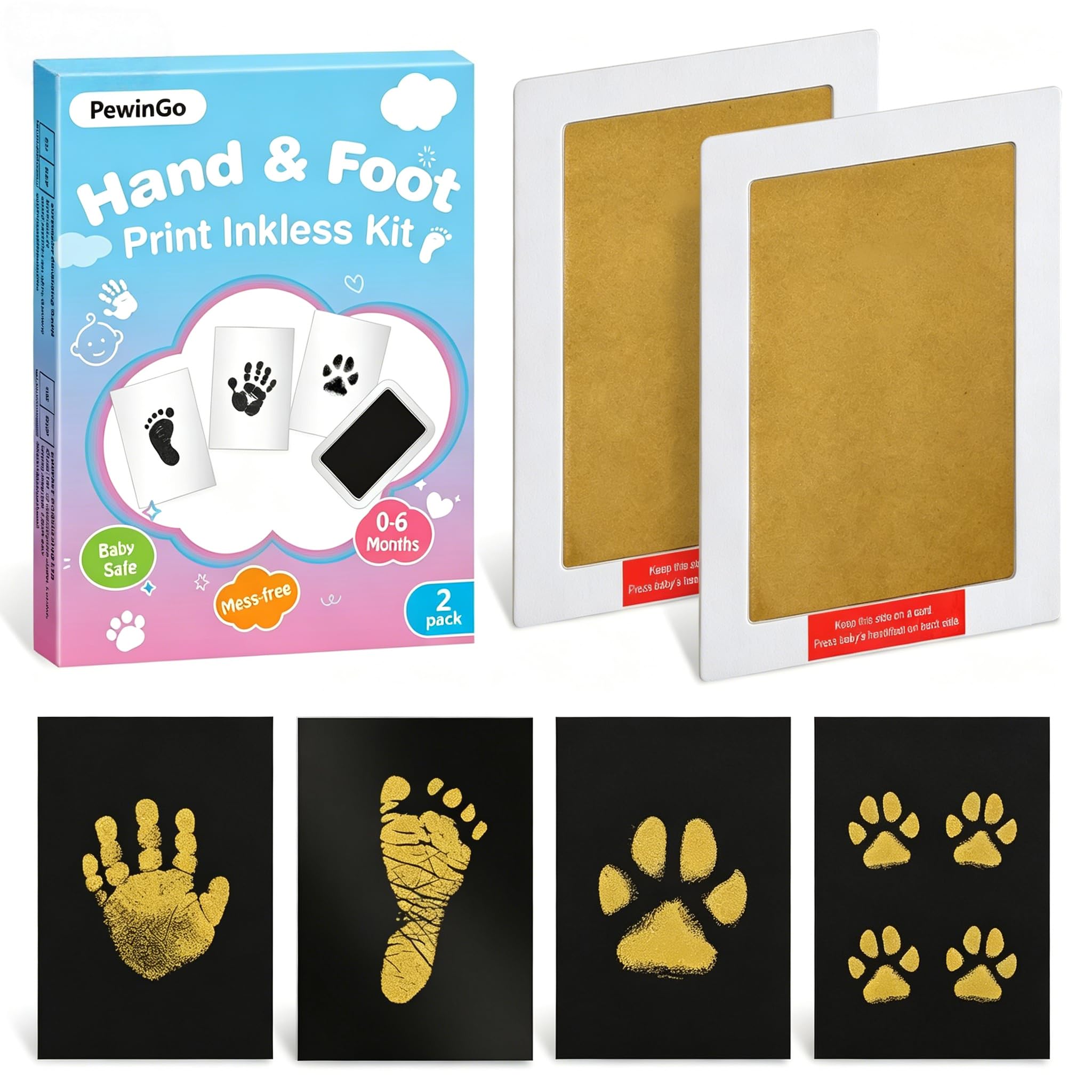 Kit Empreintes de Main et de Pied Bébé Taille XL 2 Tampons sans Encre 4 Cartes Cadeaux Souvenir Nouveau-né Doré