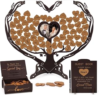 Rustic Wedding Guest Book, Heart Guest Book Alternative with Wooden Drop Box, Heart Wedding Decor for Party, Personalized Engagement Guestbook Reception (Coffee)