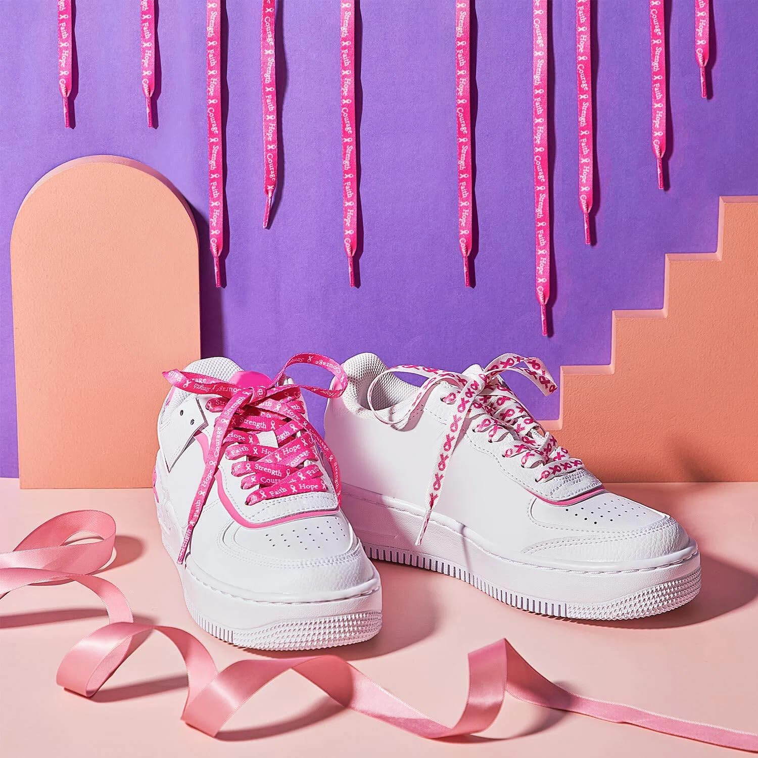 Taiyin 50 Pairs Breast Cancer Awareness Shoelaces White and Pink Ribbon Shoelace for Tennis Football Runners Athletic Strings