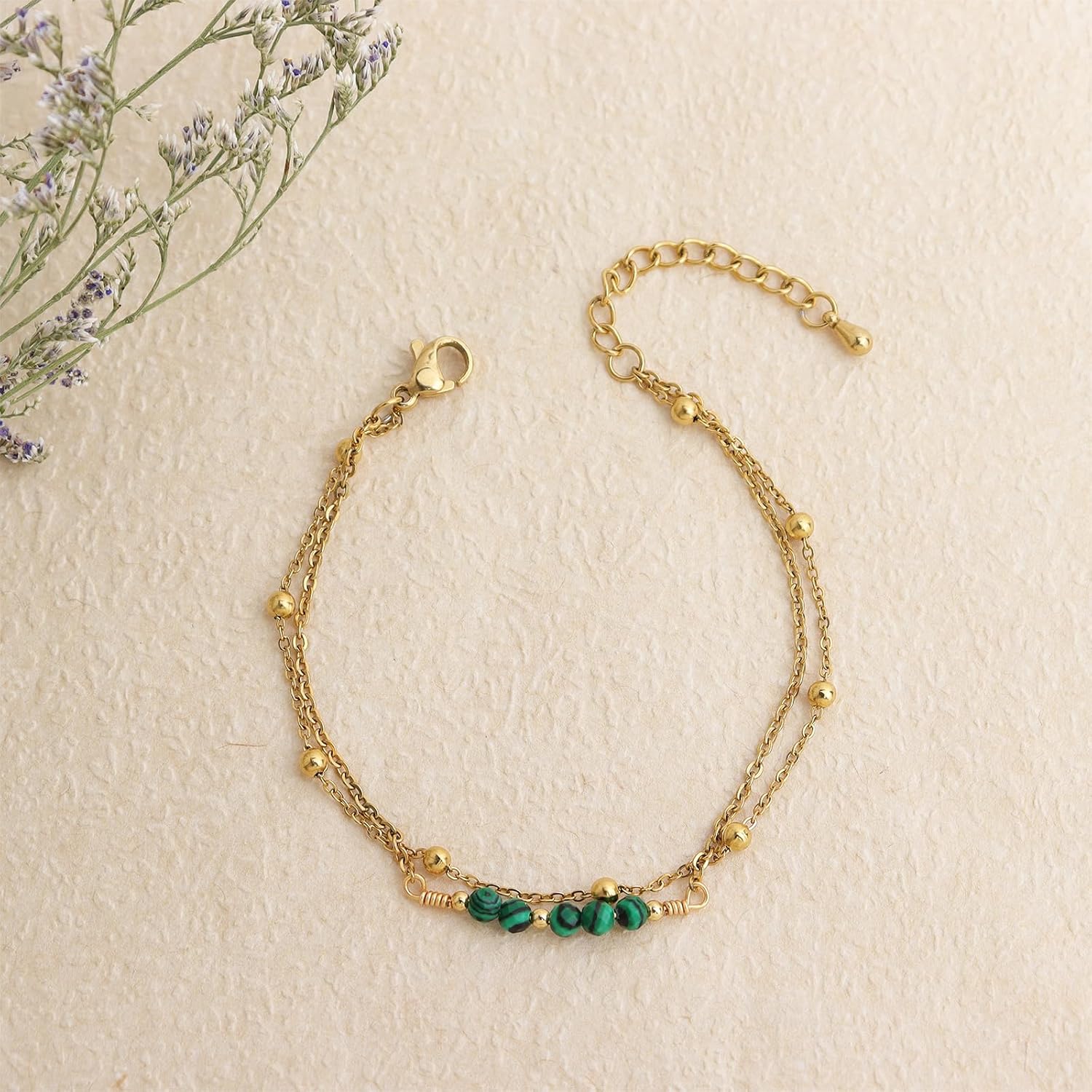 Dainty Gold Beads Chain Layered Bracelets for Women, Boho Handmade Adjustable Green Gemstone Quartz Crystal Natural Healing Stone Bracelet Prom Jewelry Gifts. - Image 6