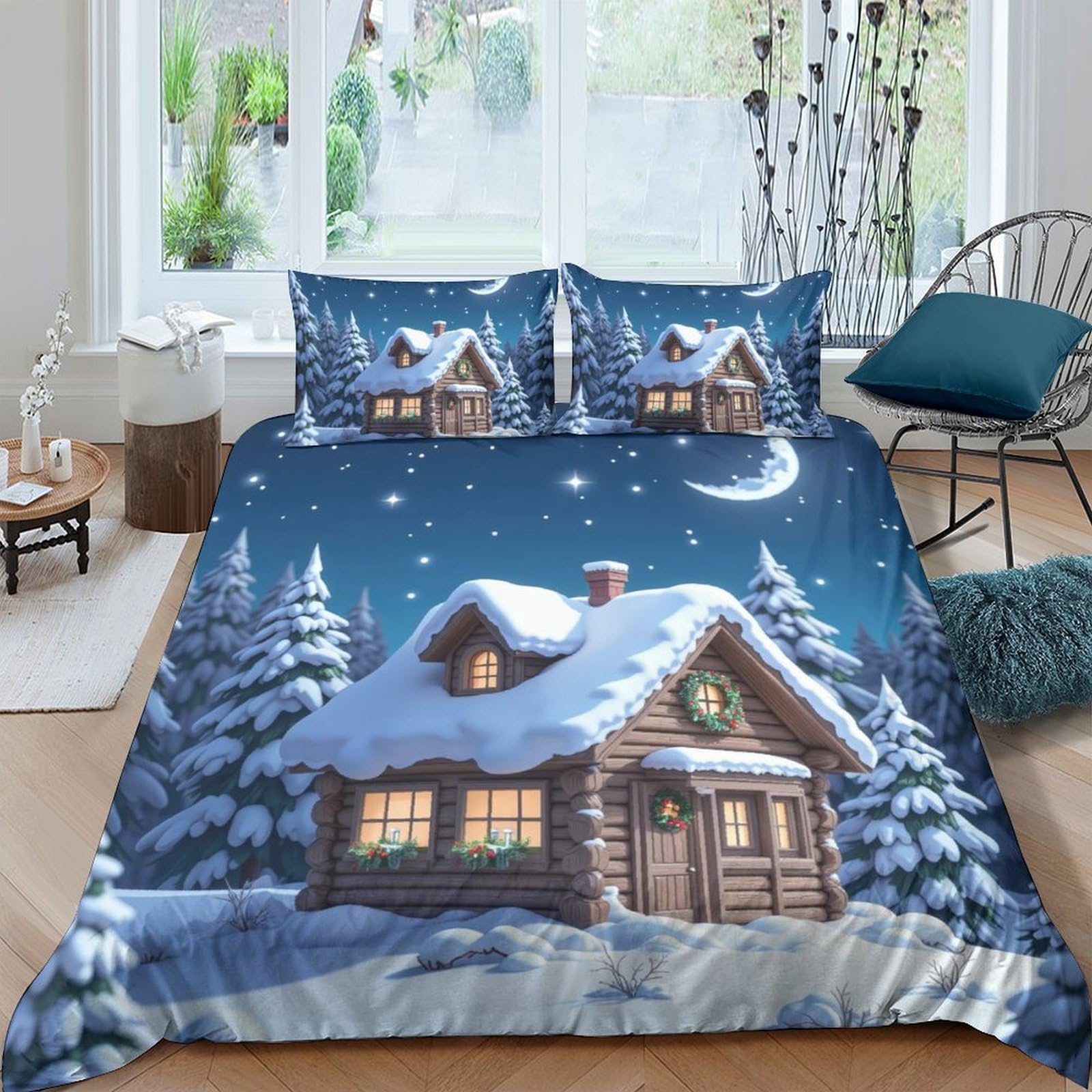Ctjqhvkz Style-9 3D Printed Winter Cabin Fitted Sheet Microfiber Snowy Night Bed Cover Anti-Slip Machine Washable For Bedroom Decor Single（135X200cm）