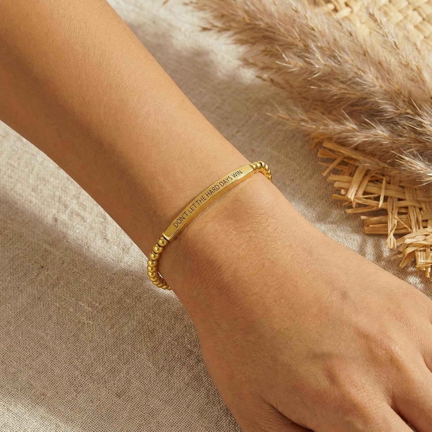 Harlermoon Dont Let The Hard Days Win Bracelet Inspire Beaded Stainless Steel Band Bracelet for Women Metal Black Obsidian Inspirational Jewelry - Image 3