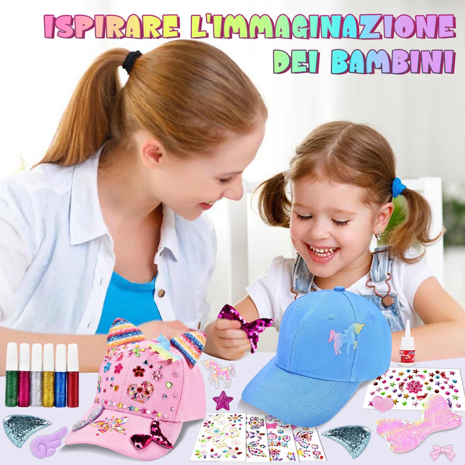 Aragallant Regalo Bambina 5 6 7 8 9 10 Anni, 4 PCS Kit Fai Da Te Cappellino da Baseball con Gemma Stickers e Braccialetti, DIY Berretto Baseball Idee Regali Ragazze Natale Compleanno di Nuovo a Scuola