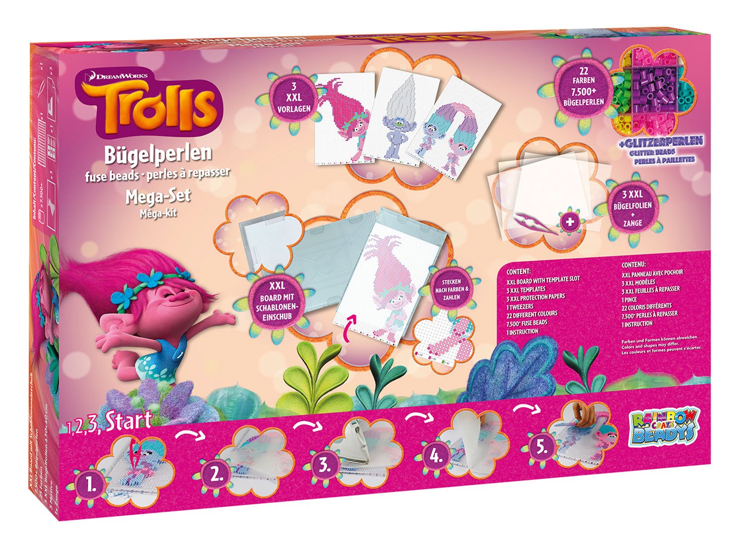 Craze 54650 - Rainbow Beadys Bügelperlen Mega Set Dreamworks Trolls inklusiv Zubehör, 7500 Perlen, rosa