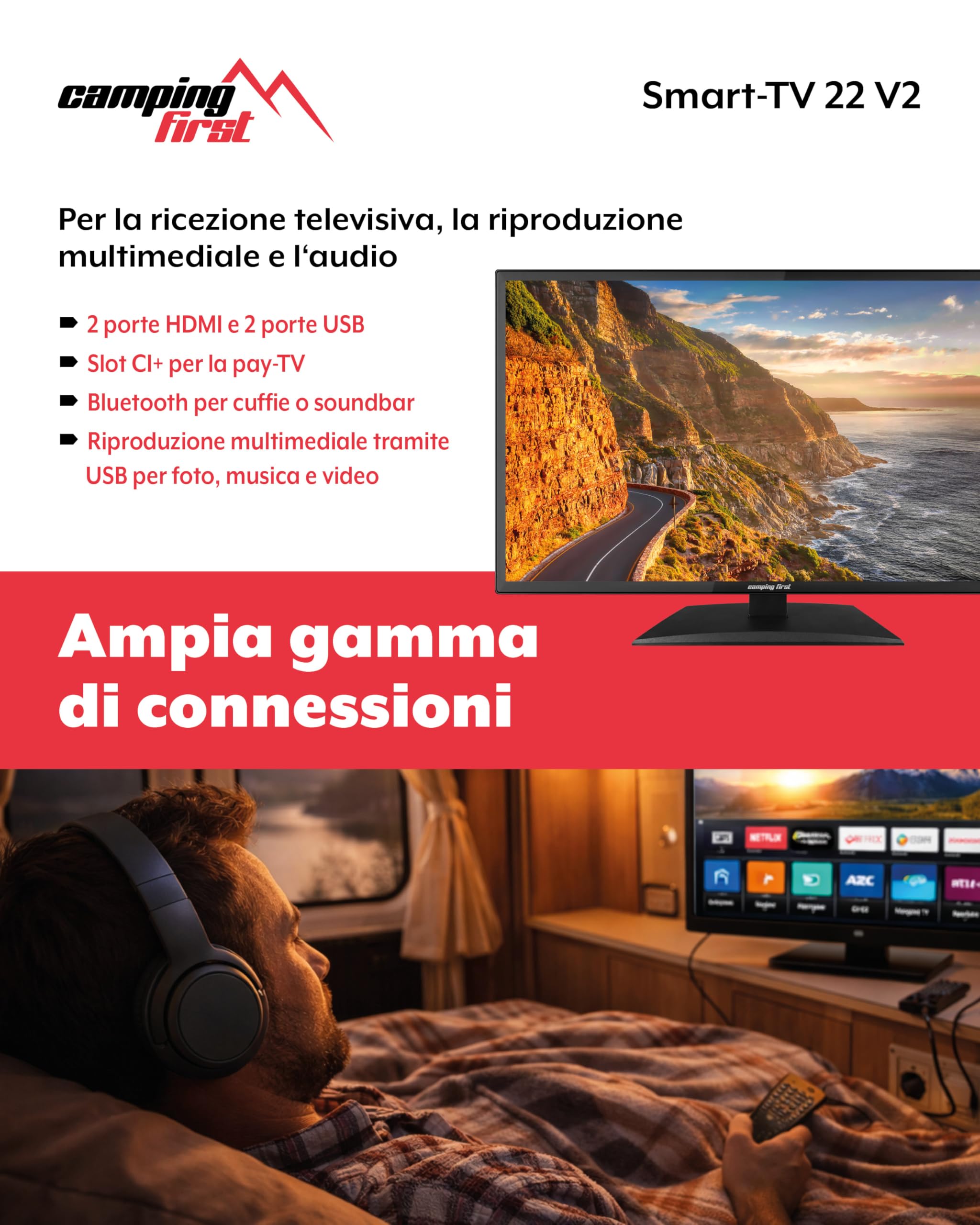 22″ Smart TV V2 – Televisore, 54,6 cm, 12 volt – Nero | Triple tuner, Android 11.0, WiFi/LAN, CI+, USB, Bluetooth