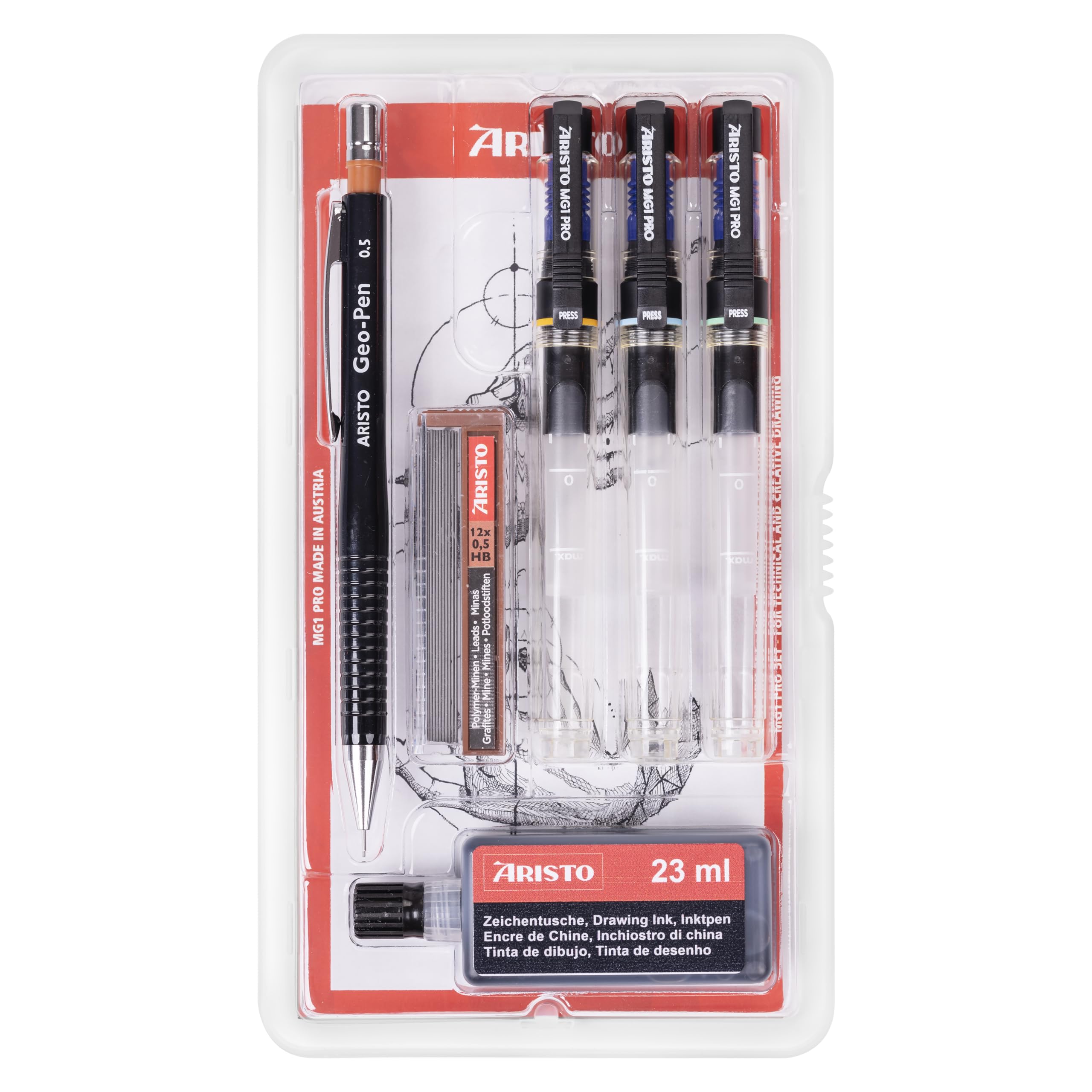 Aristo AH64308 mg1 Pro Tuschefüller College Set 6-teilig (3 Tuschefüller mg1 Pro, Strichstärken 0,25/0,35/0,5 mm, Geo-Pen Feinminenstift 0,5 mm mit 12 Ersatzminen, Zeichentusche schwarz)