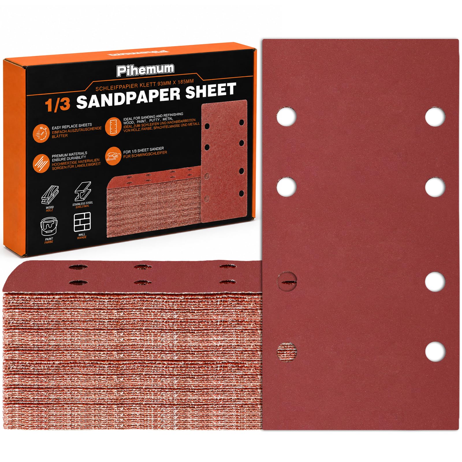 Pihemum 80 PCS Sanding Sheets 93 x 185 mm Grit 400 Hook and Loop Sanding Pads Sandpaper 8 Hole for Electric Sander